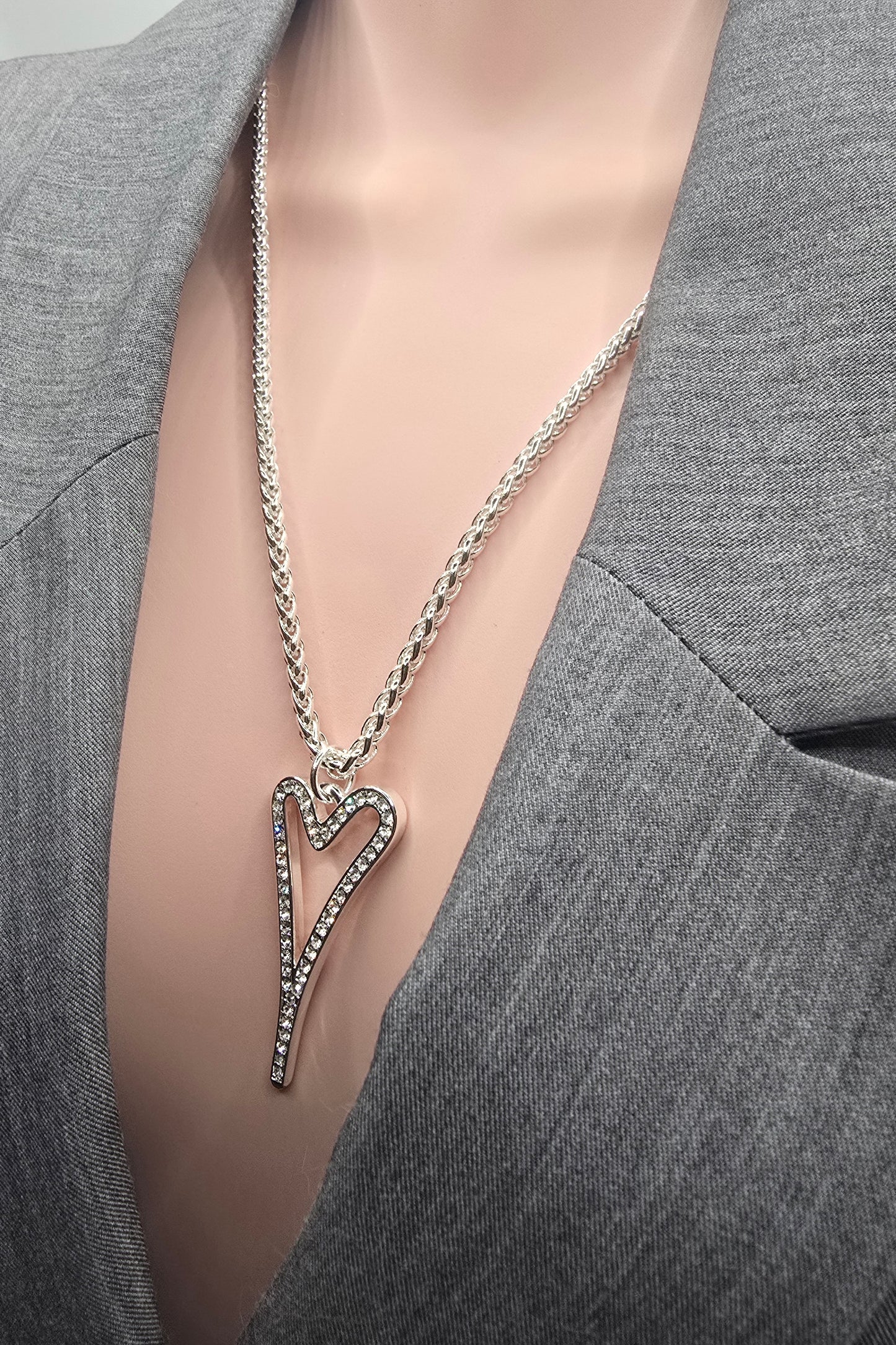 SILVER 70CM LONG HOLLOW DIAMANTE HEART NECKLACE*