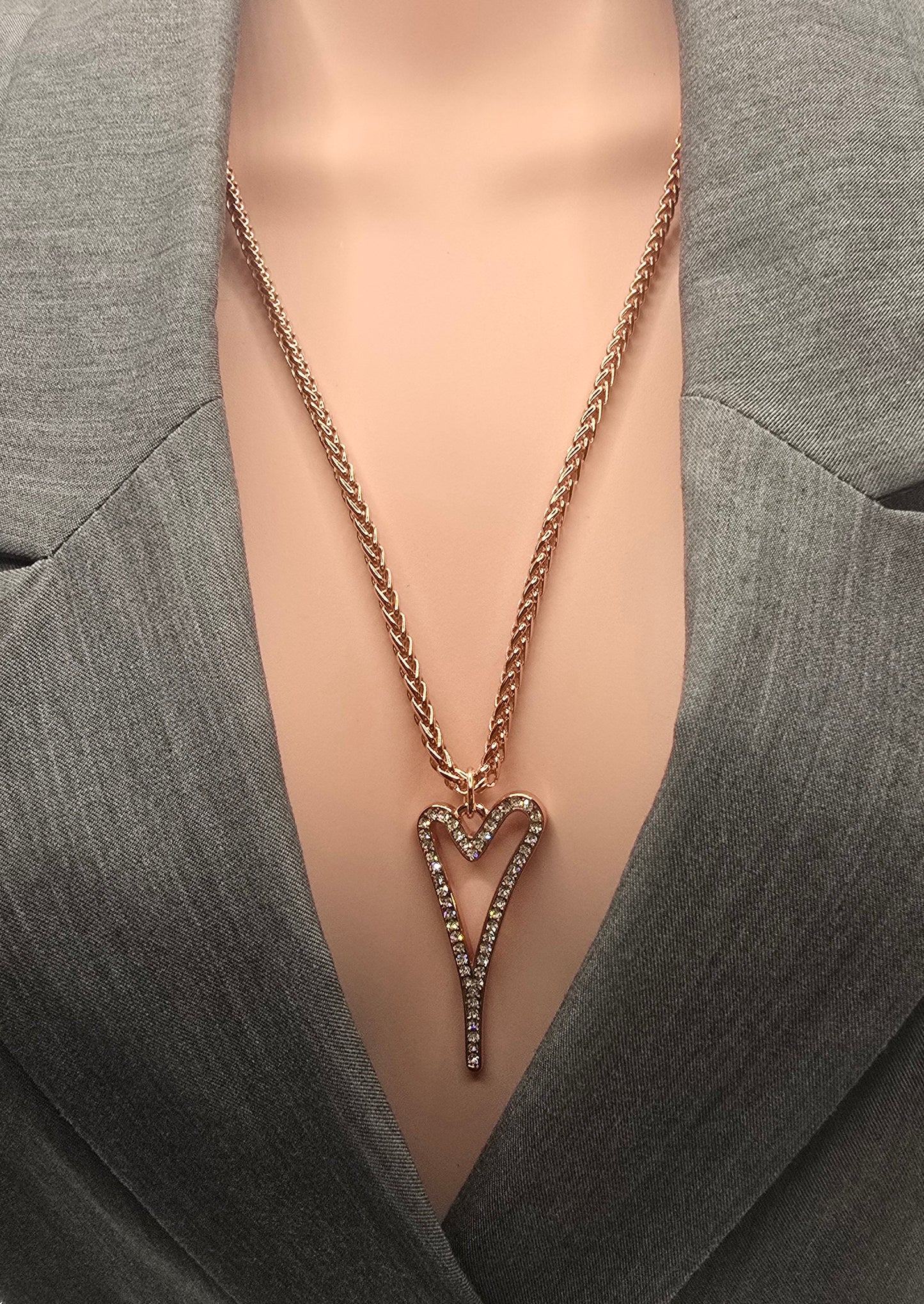 ROSE GOLD 70CM LONG HOLLOW DIAMANTE HEART NECKLACE*