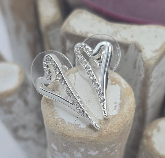 Silver Hollow Half Diamante Heart Earrings*