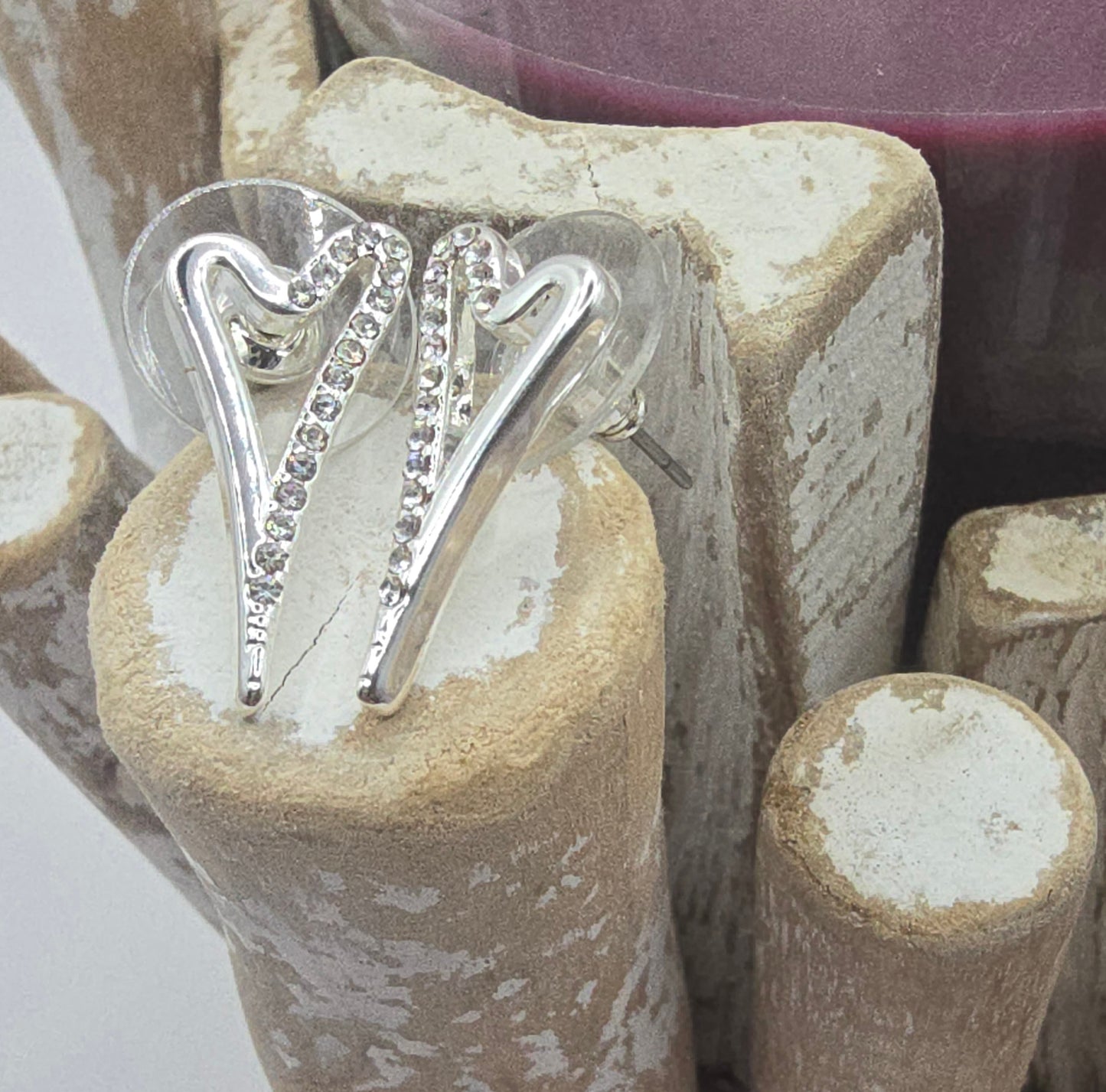 Silver Hollow Half Diamante Heart Earrings*