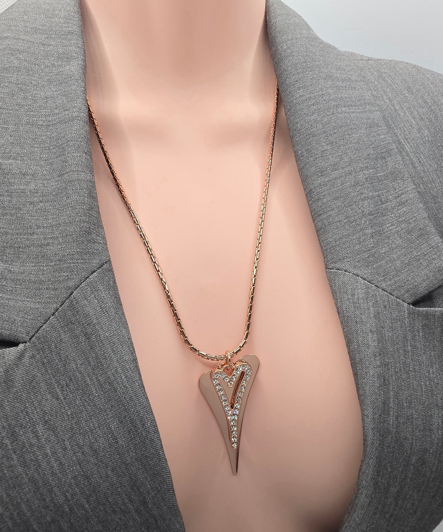 ROSE GOLD 70CM LONG CHAIN WITH SOLID & HOLLOW HEARTS NECKLACE*
