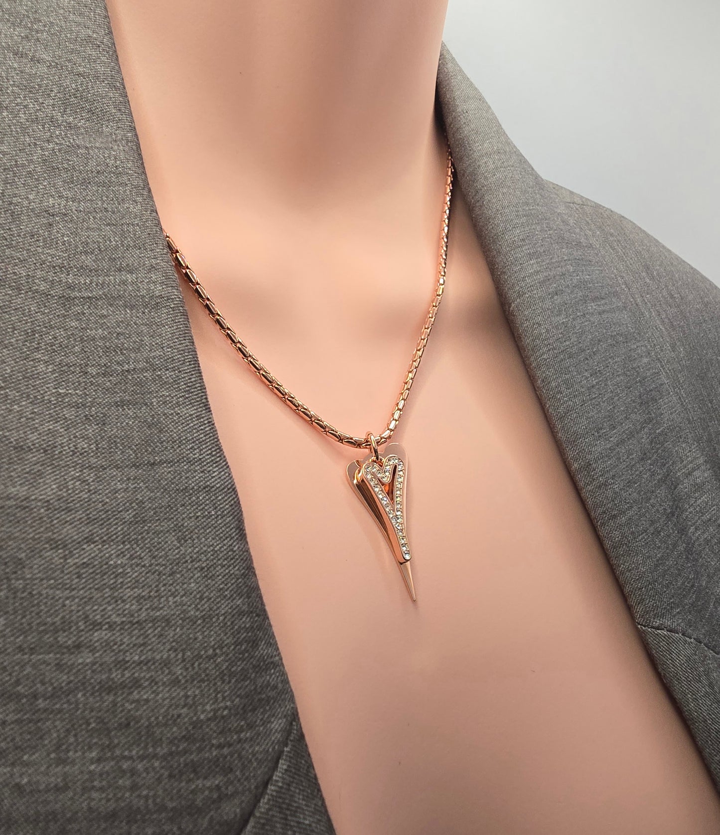 Necklace Rose Gold chain with Solid & Diamante Hollow hearts