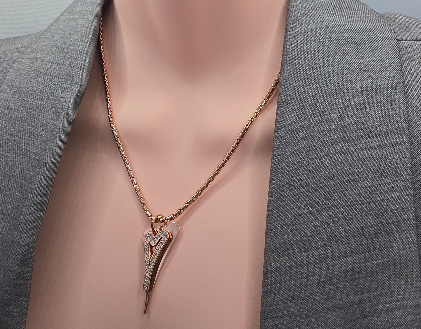 Necklace Rose Gold chain with Solid & Diamante Hollow hearts