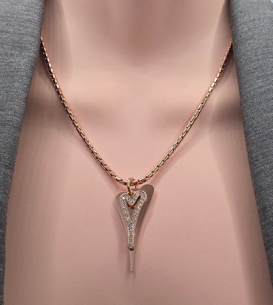 Necklace Rose Gold chain with Solid & Diamante Hollow hearts