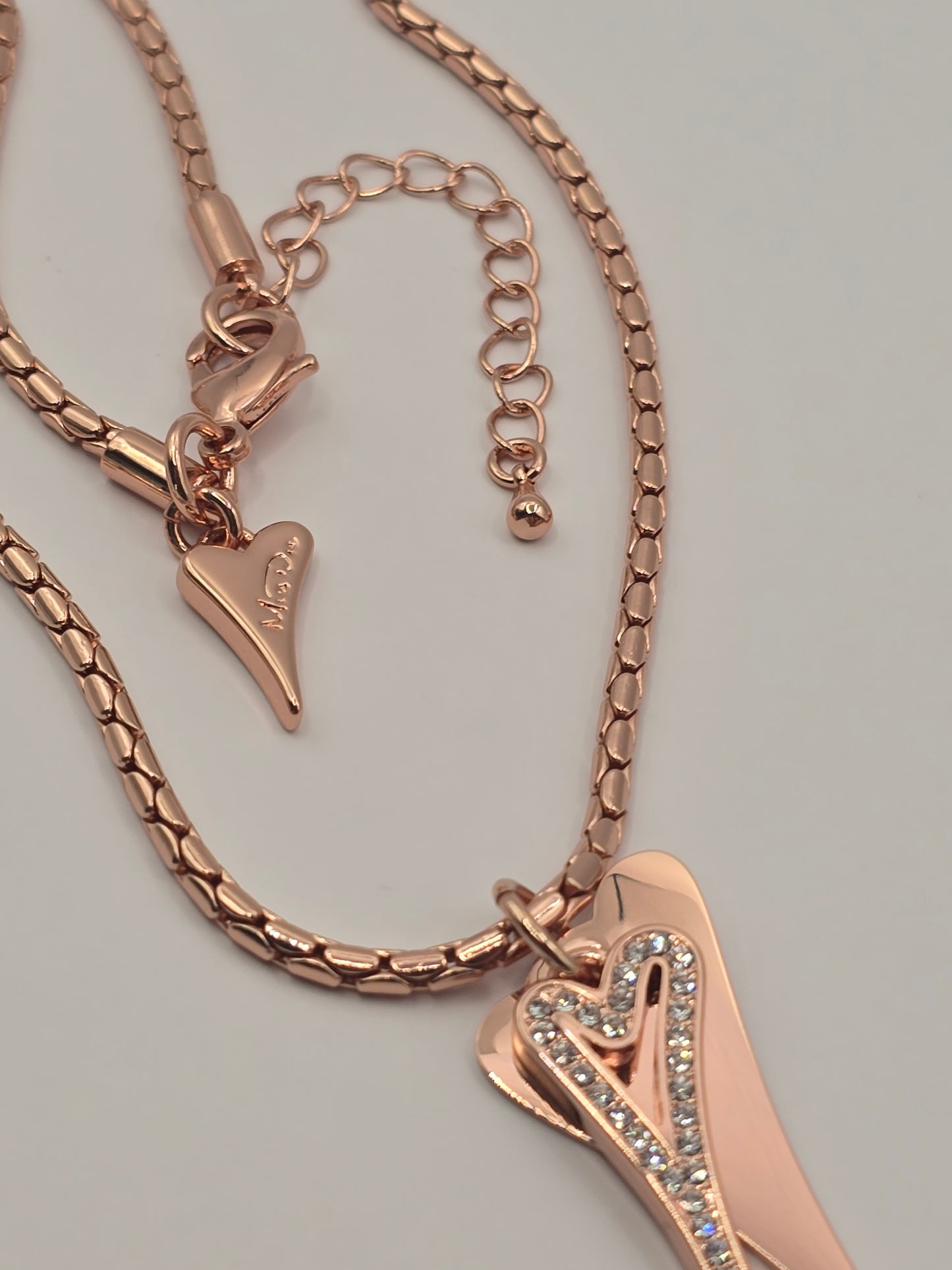 Necklace Rose Gold chain with Solid & Diamante Hollow hearts