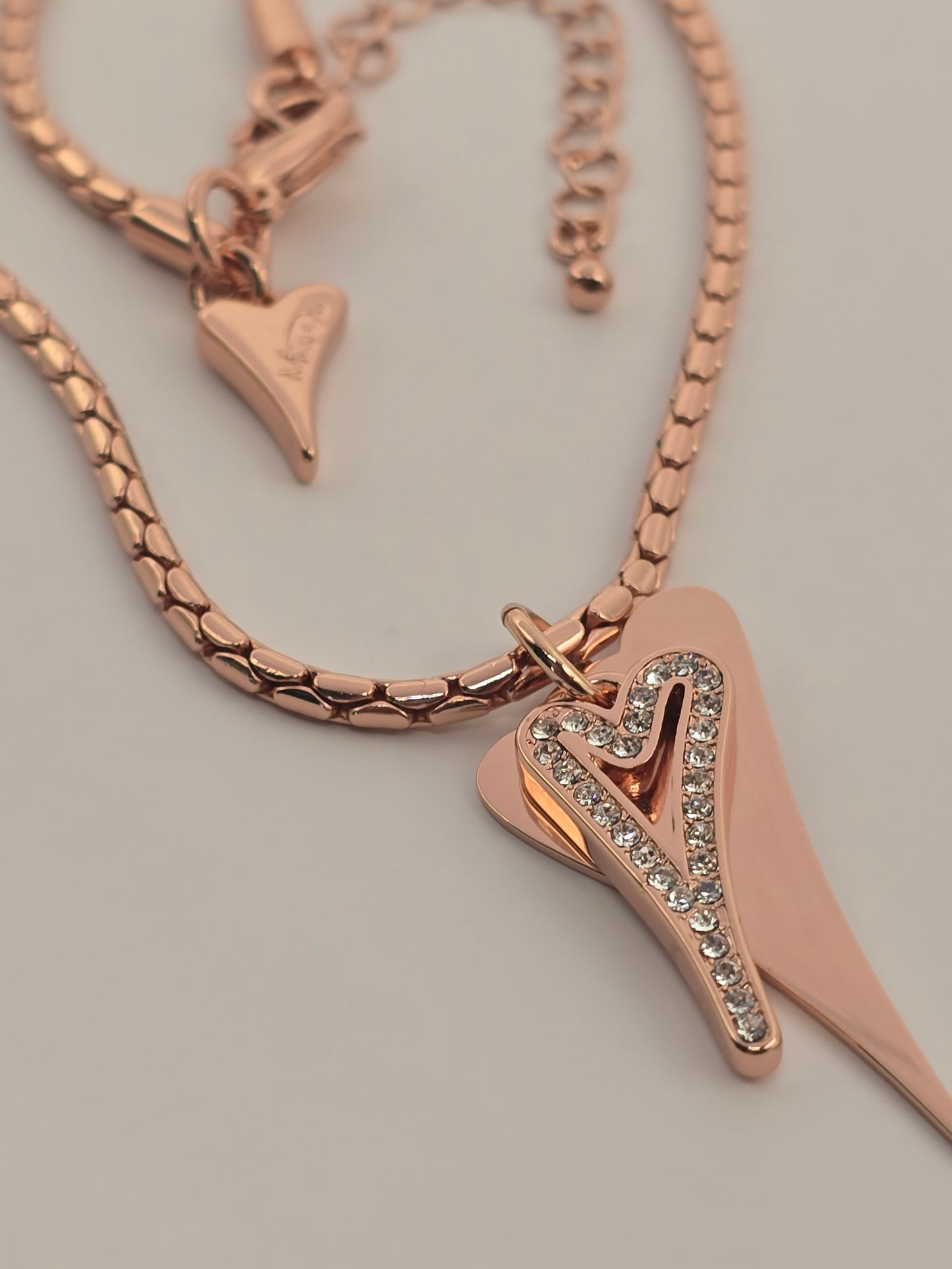 Necklace Rose Gold chain with Solid & Diamante Hollow hearts
