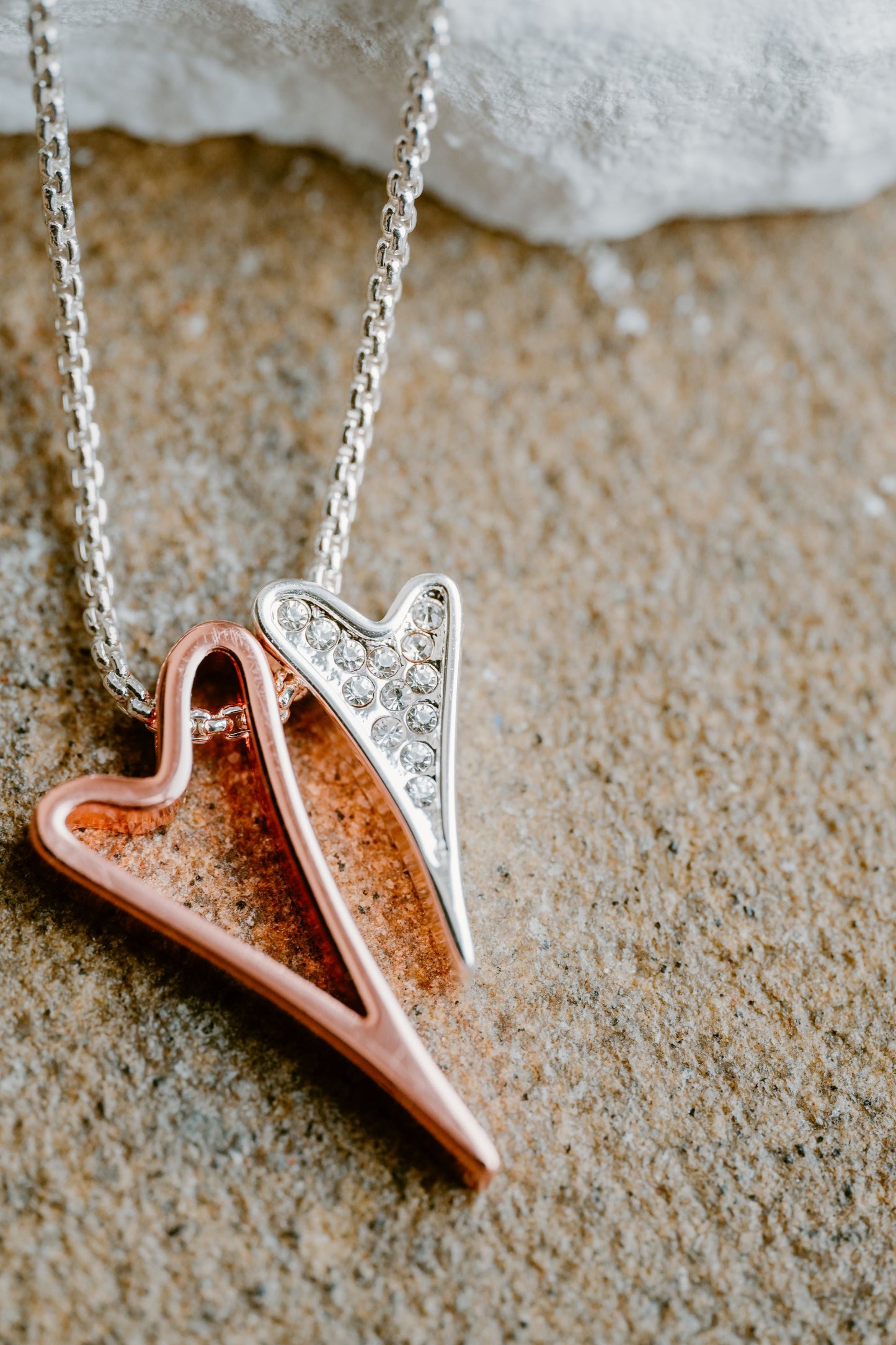 Necklace 2 tone with Hollow and Diamante hearts pendant *