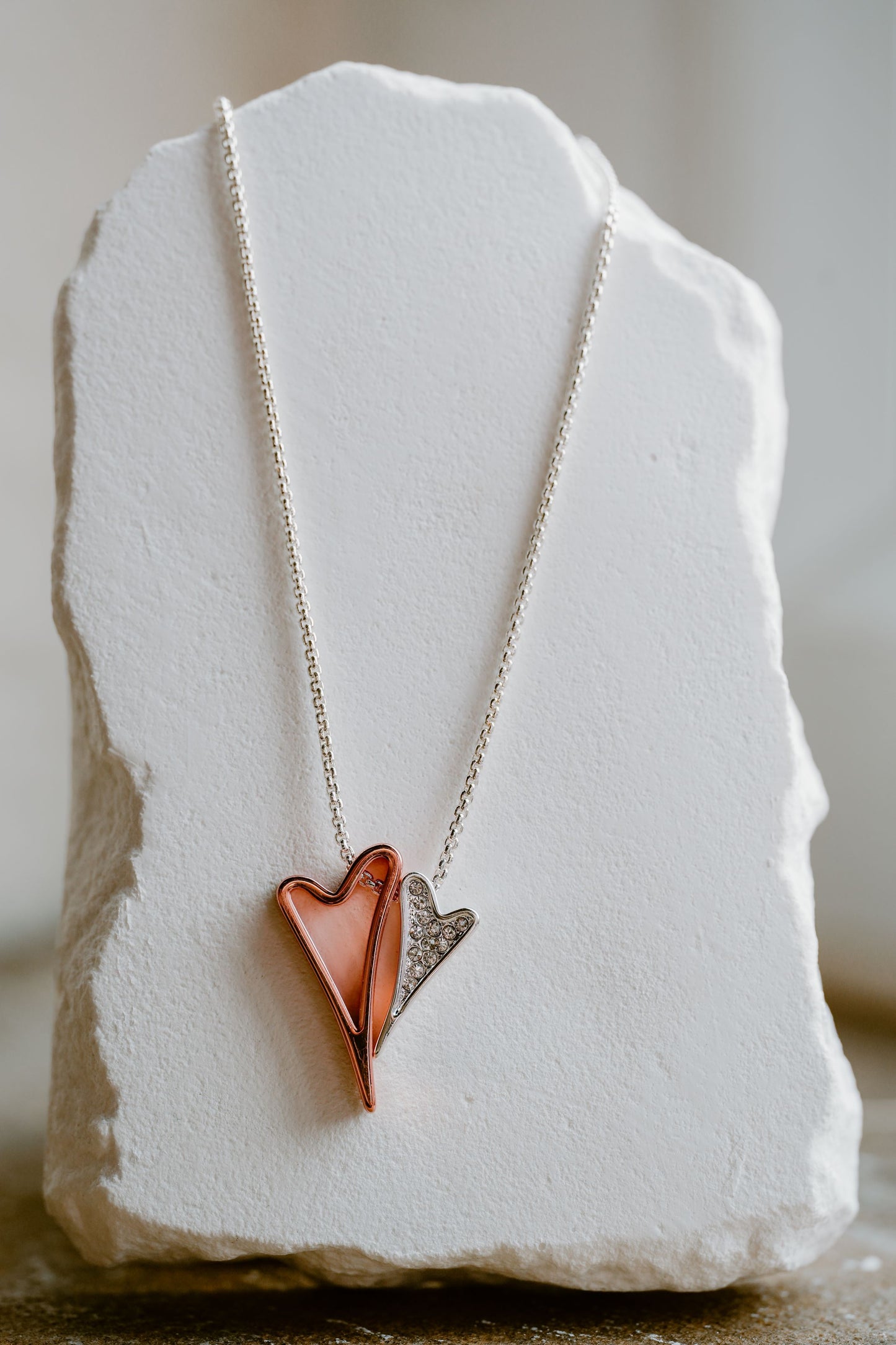 Necklace 2 tone with Hollow and Diamante hearts pendant *