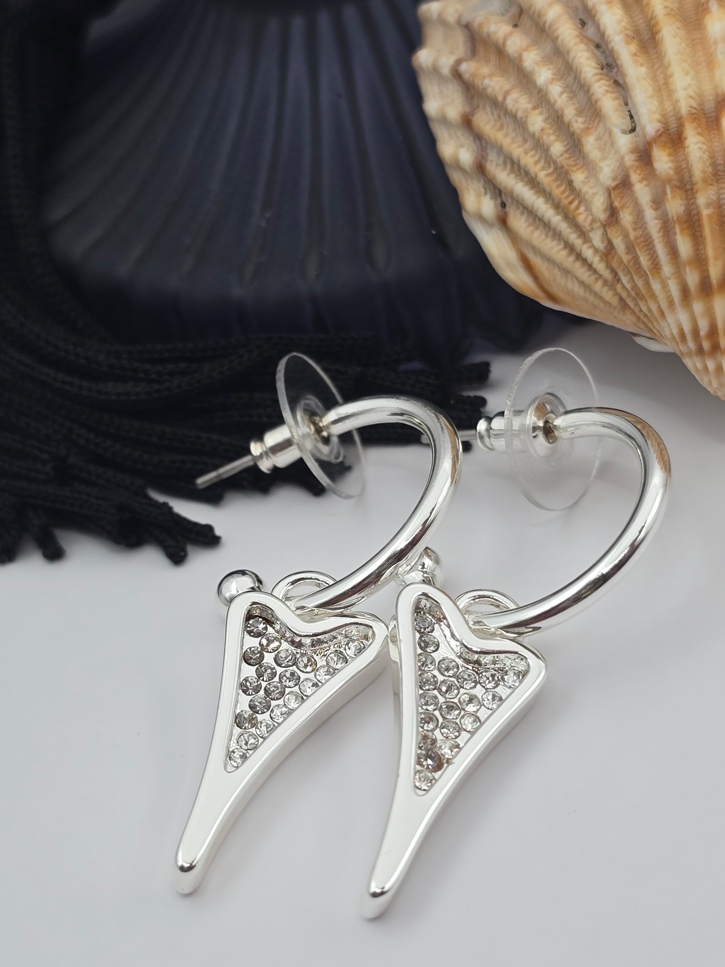SILVER HOOPS WITH SILVER DIAMANTE HEART*
