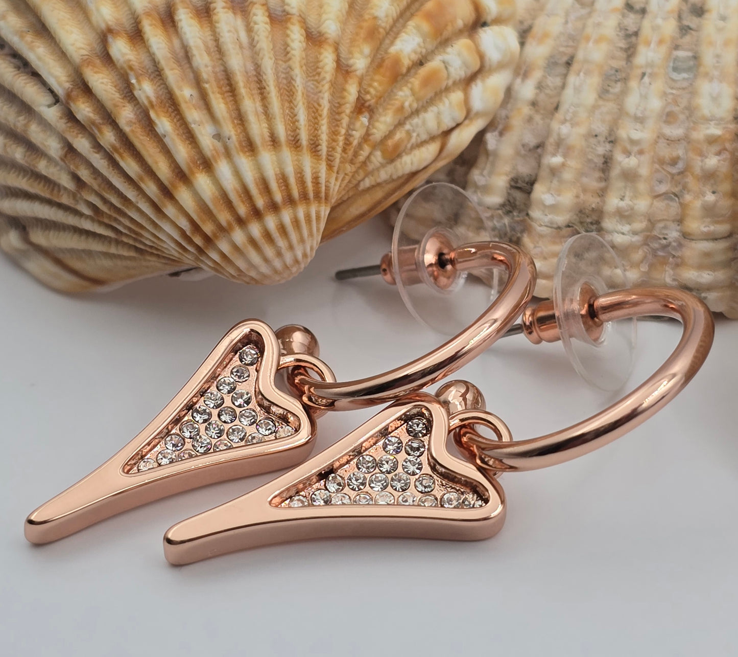 ROSE GOLD HOOPS WITH ROSE GOLD DIAMANTE HEART *