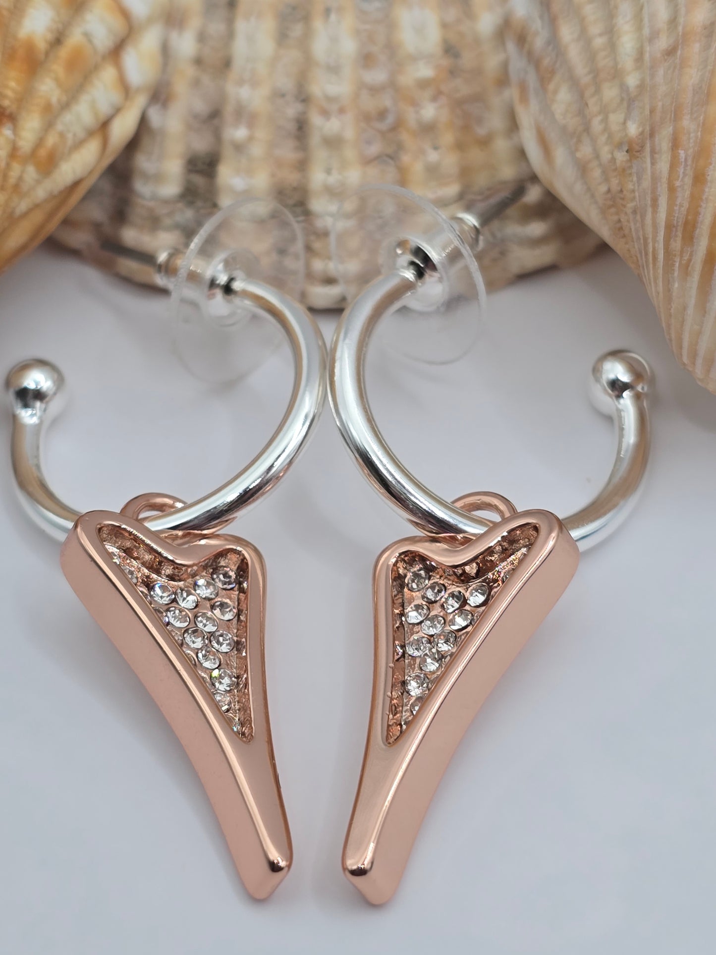 SILVER HOOPS WITH ROSE GOLD DIAMANTE HEART*