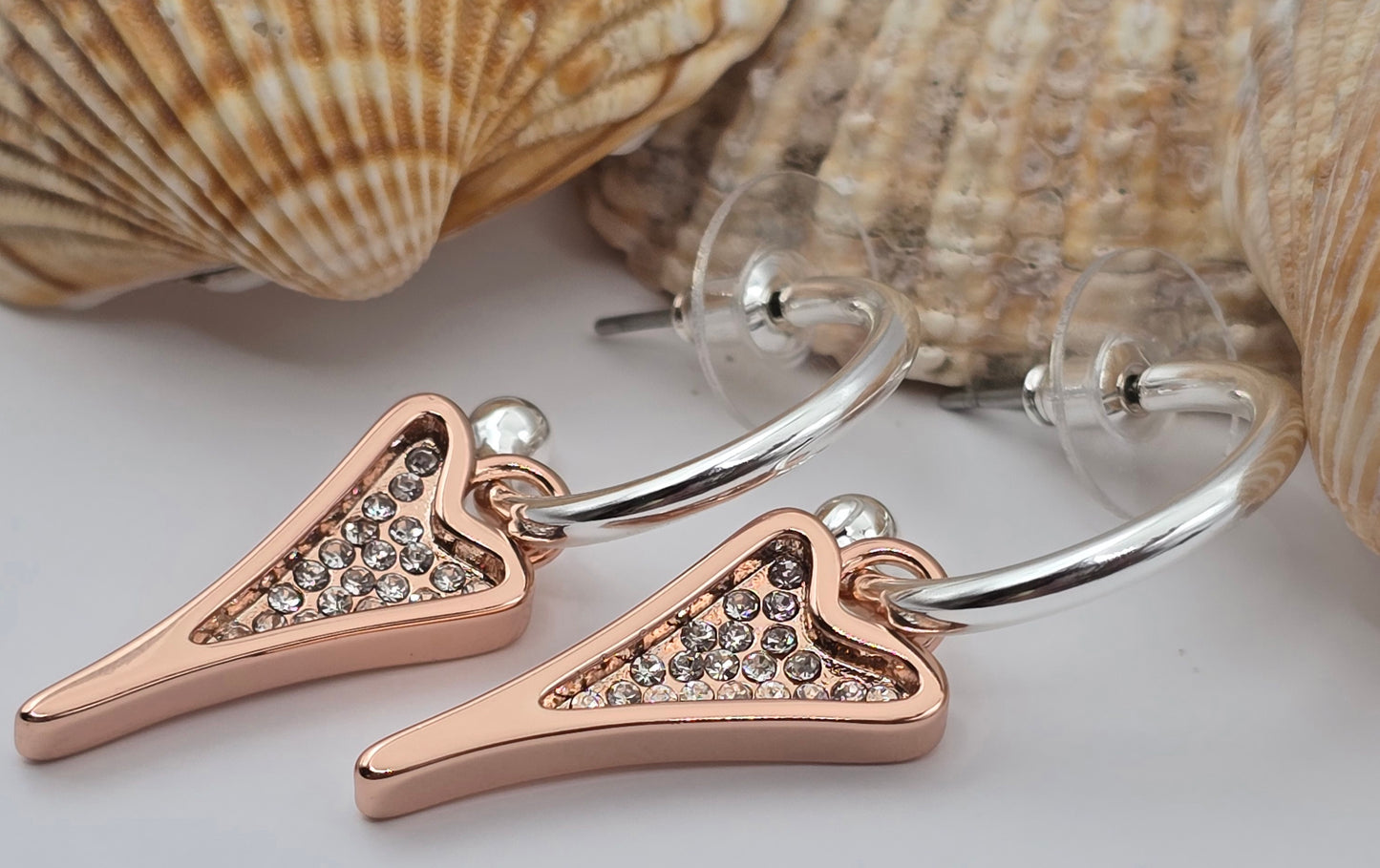 SILVER HOOPS WITH ROSE GOLD DIAMANTE HEART*