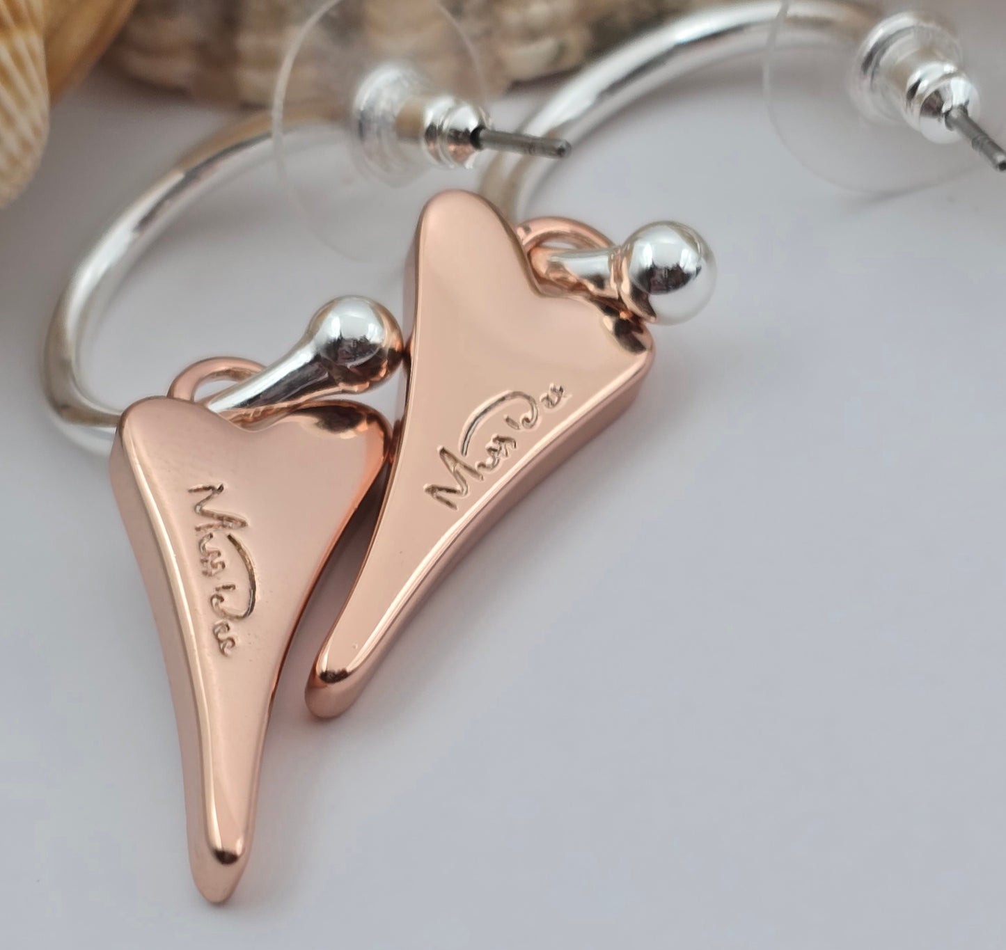 SILVER HOOPS WITH ROSE GOLD DIAMANTE HEART*