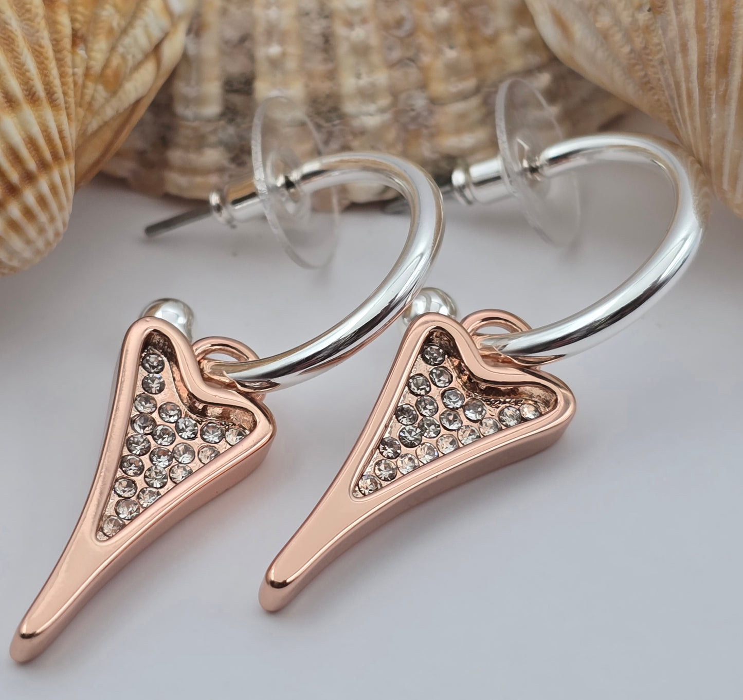 SILVER HOOPS WITH ROSE GOLD DIAMANTE HEART*