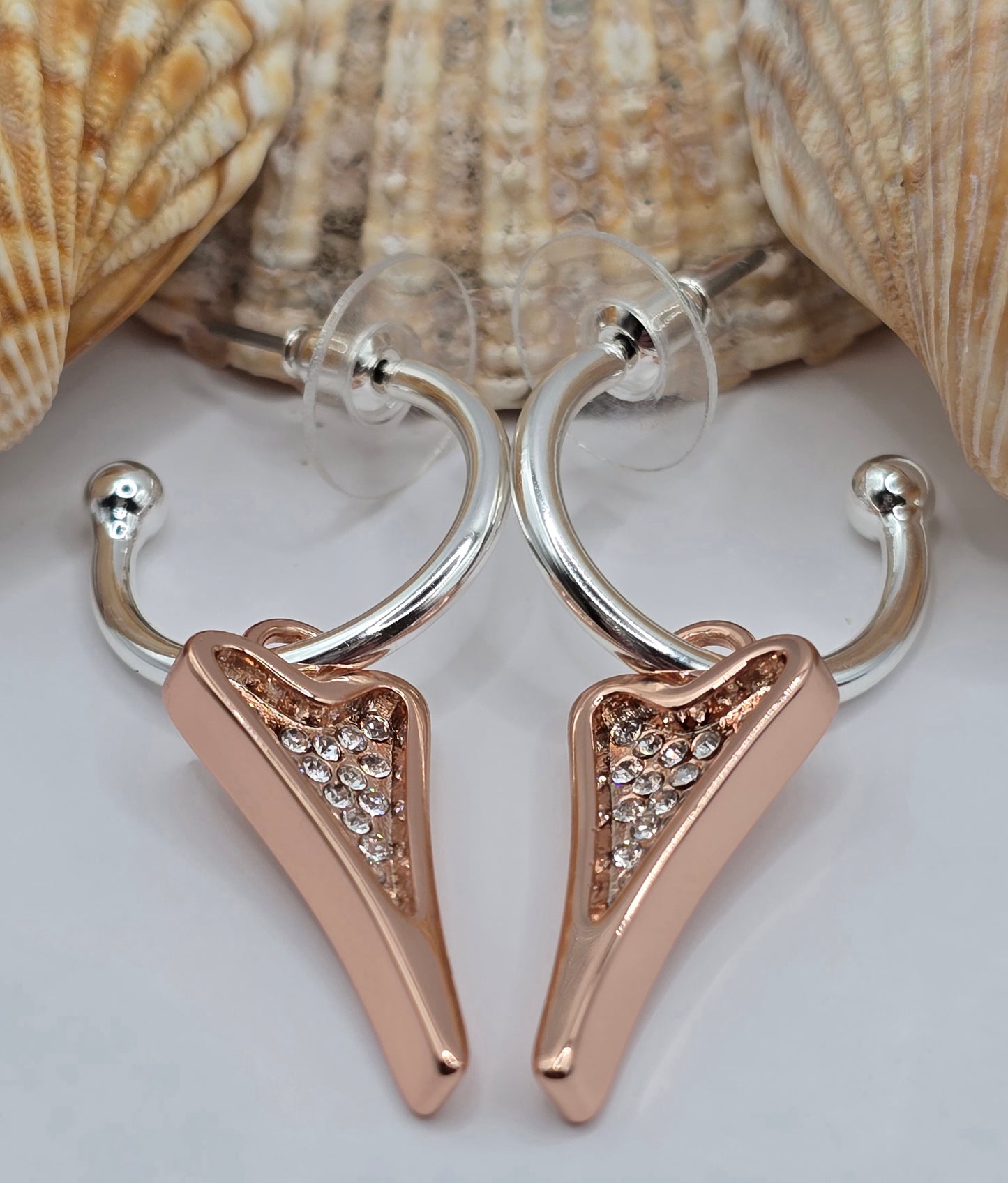 SILVER HOOPS WITH ROSE GOLD DIAMANTE HEART*