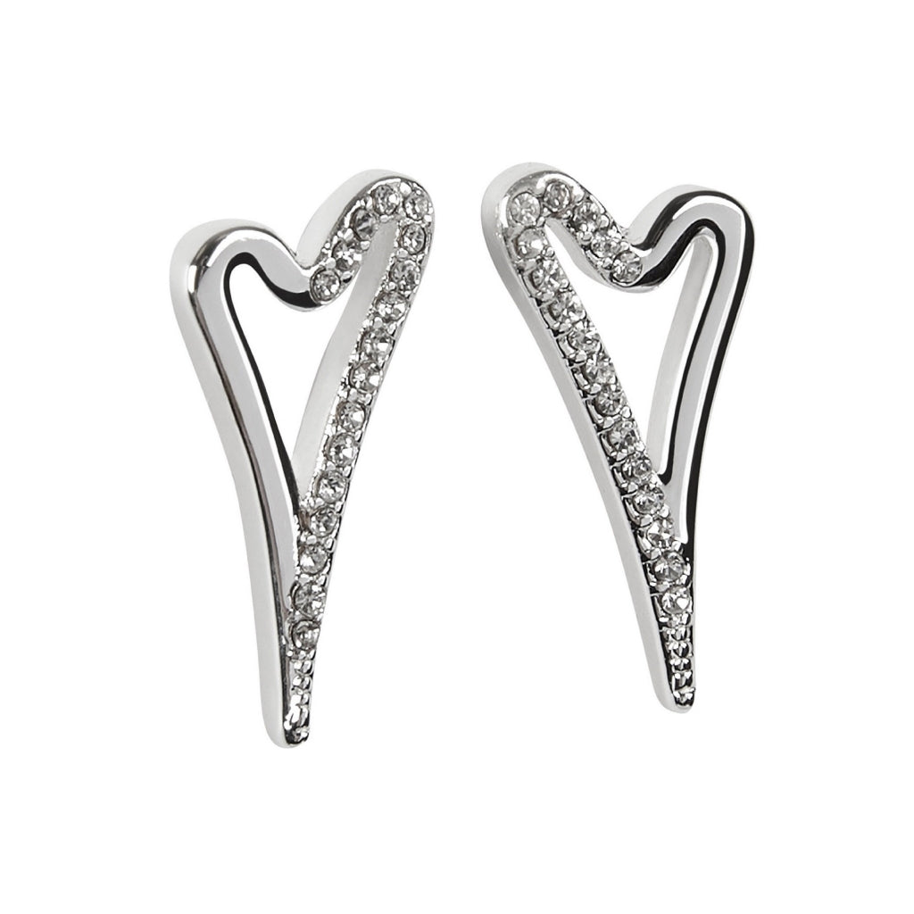 Silver Hollow Half Diamante Heart Earrings*