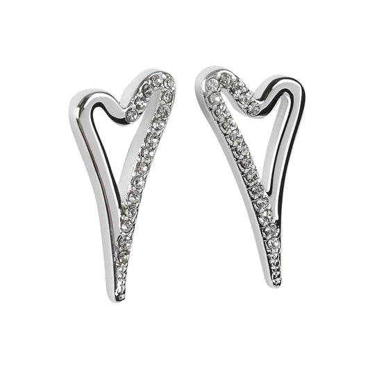 Earring silver hollow heart 1/2 plain 1/2 diamante face stud