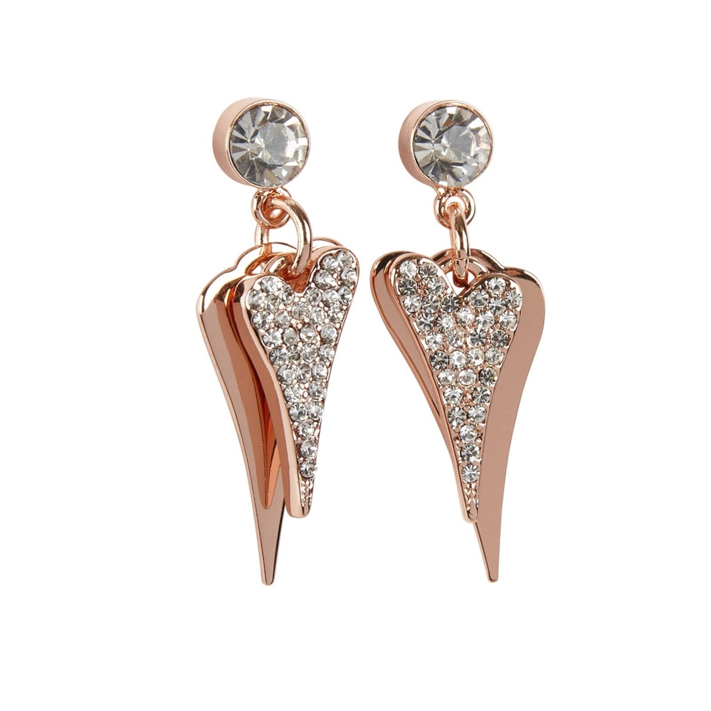 Earring Rose Gold 2 solid & diamante drop hearts
