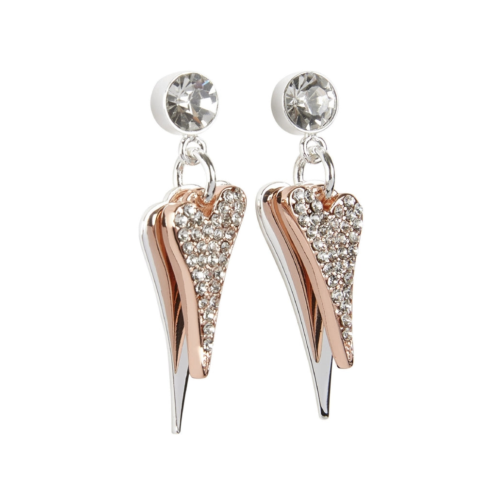 Earrings silver & Rose Gold 2 drop hearts