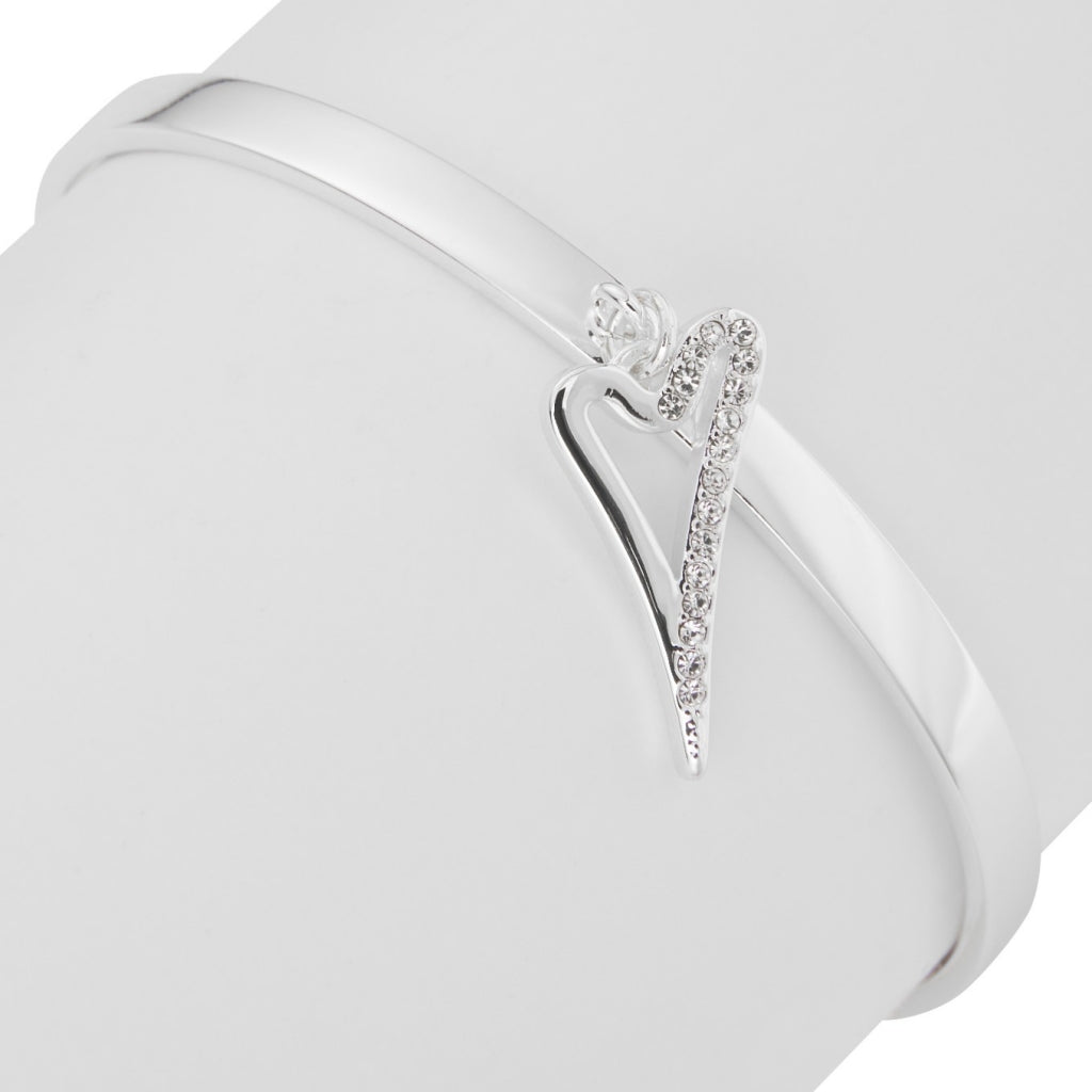 Bangle Silver 1/2 plain 1/2 diamante heart drop  pendant