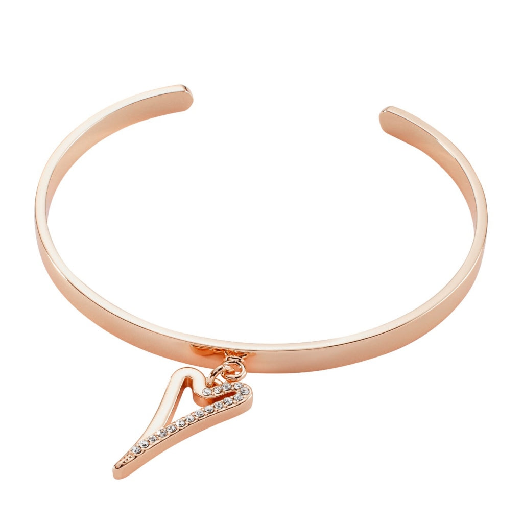 Bangle rosegold 1/2 plain 1/2 diamante heart drop pendant