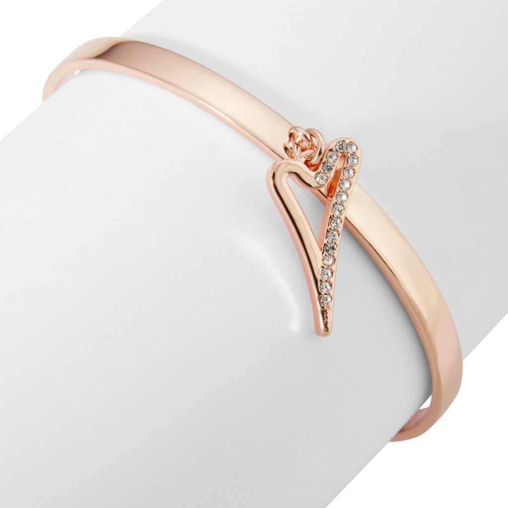 Bangle rosegold 1/2 plain 1/2 diamante heart drop pendant