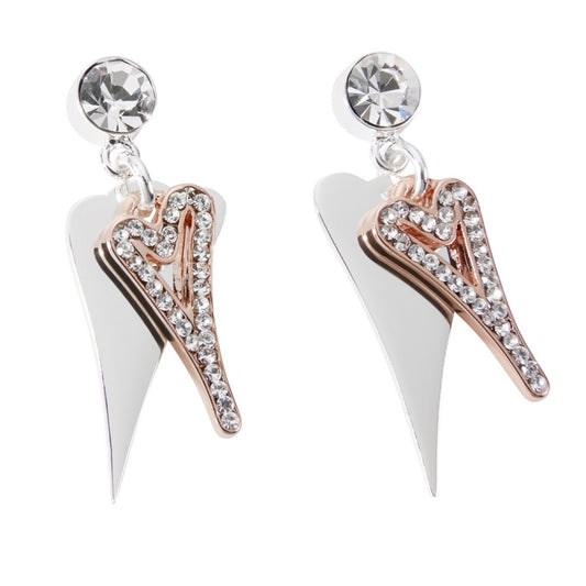 Earrings 2 tone solid & hollow diamante hearts