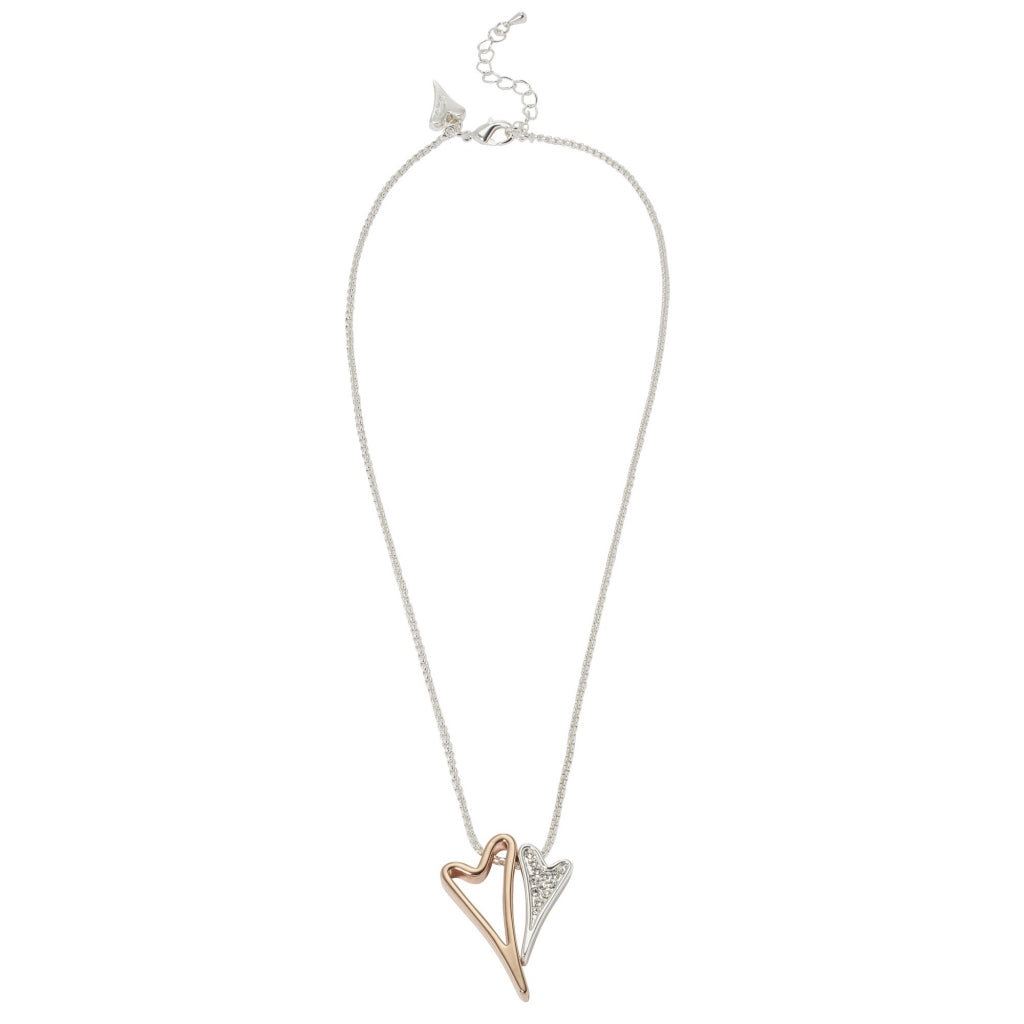 Necklace 2 tone with Hollow and Diamante hearts pendant *