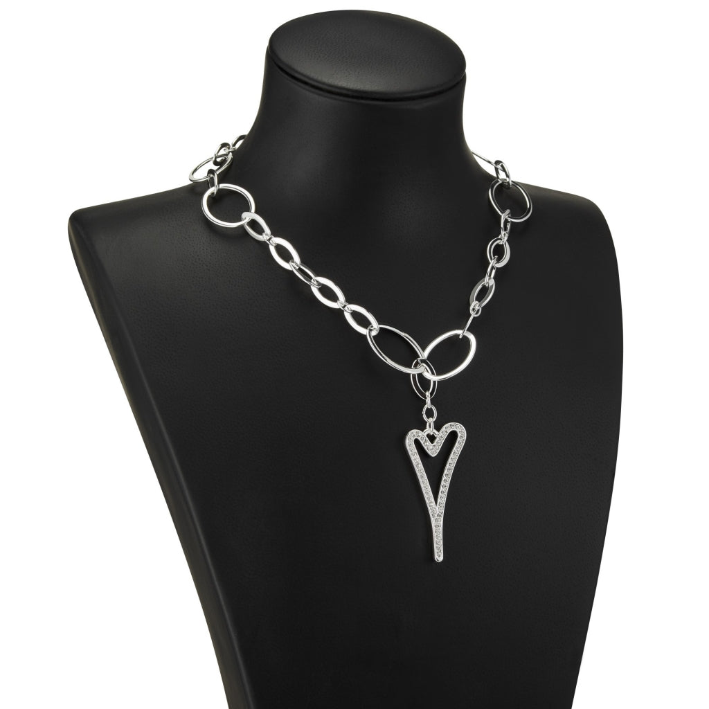 SILVER HOLLOW/DIAMANTE HEART NECKLACE*