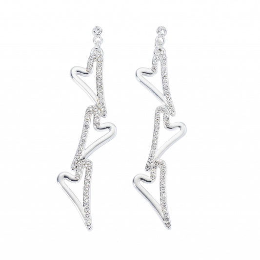 Earrings silver 3 hollow & diamante heart drop pendant