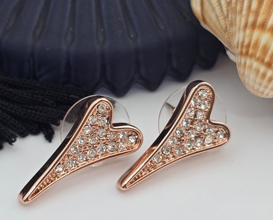 ROSE GOLD FULL DIAMANTE HEART STUDS EARRINGS*