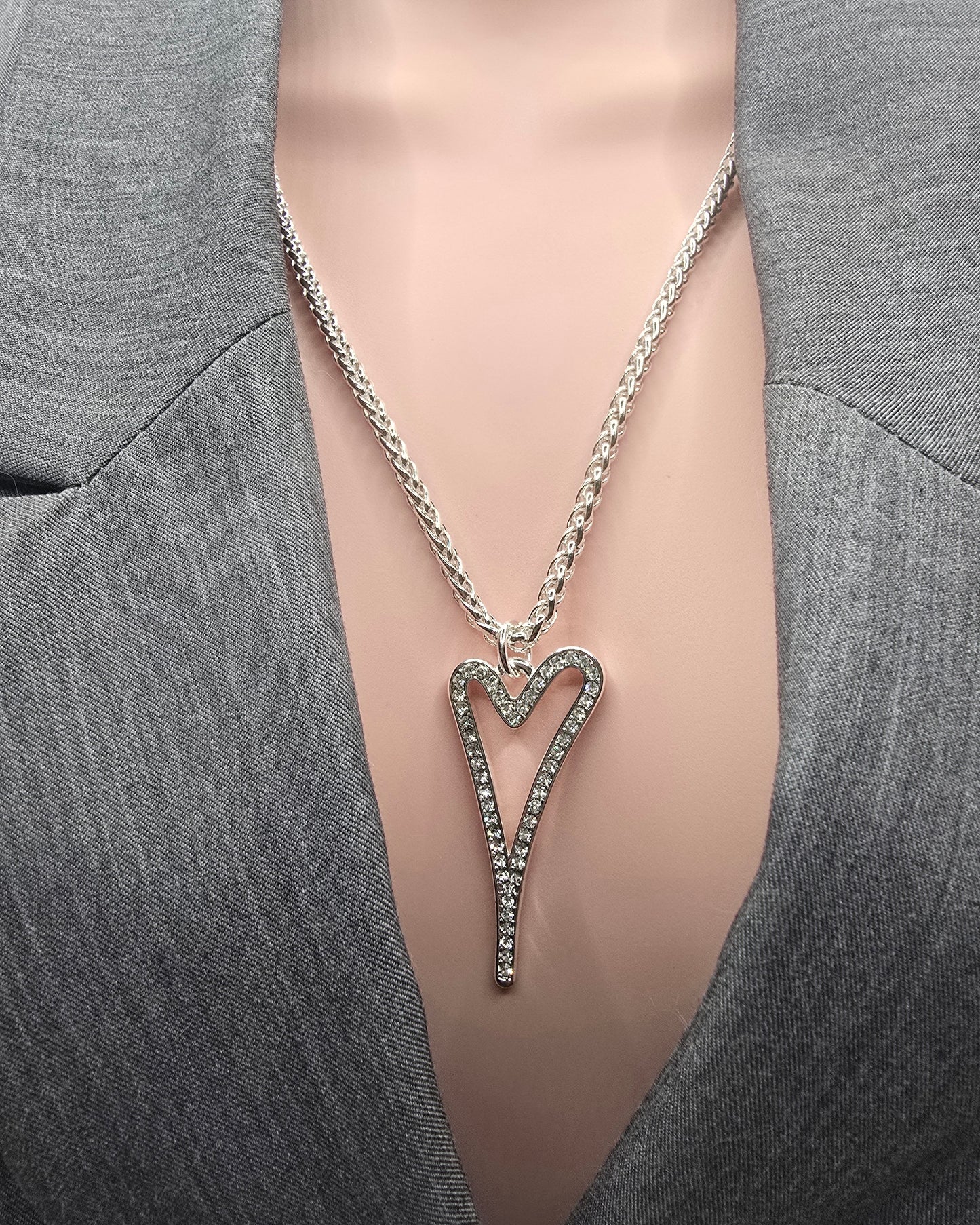 SILVER 70CM LONG HOLLOW DIAMANTE HEART NECKLACE*
