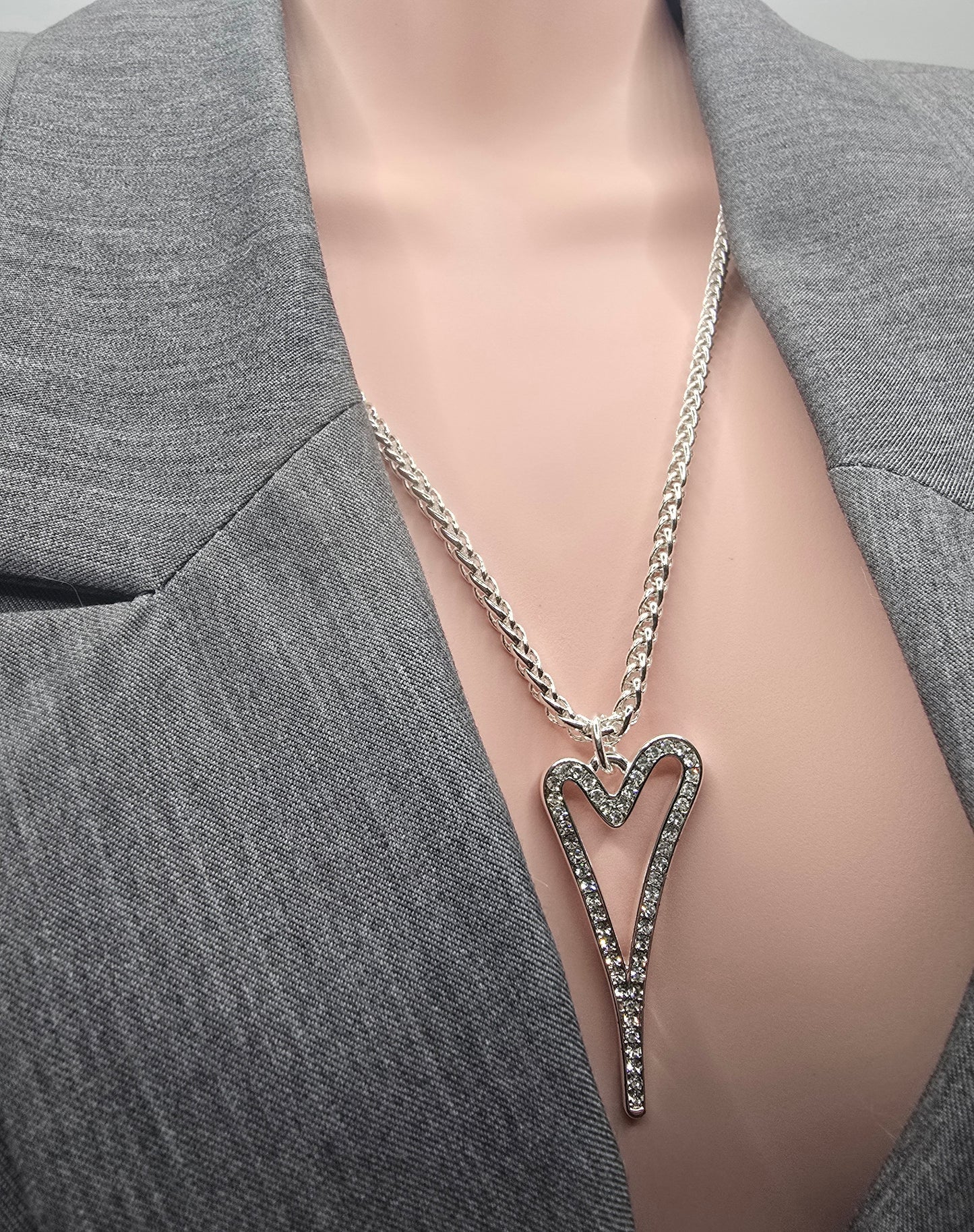 SILVER 70CM LONG HOLLOW DIAMANTE HEART NECKLACE*