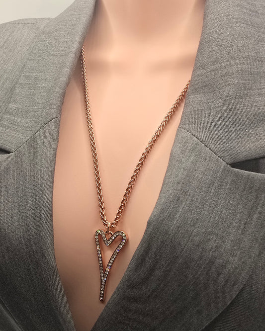 ROSE GOLD 70CM LONG HOLLOW DIAMANTE HEART NECKLACE*