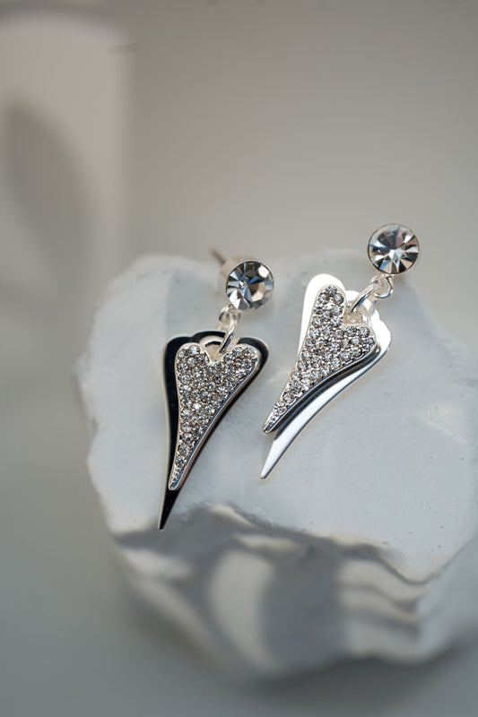 SILVER 2 SOLID & DIAMANTE HEARTS EARRINGS*