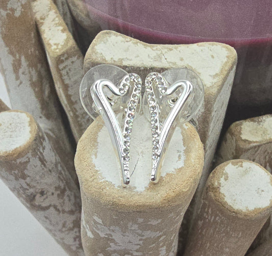 Silver Hollow Half Diamante Heart Earrings*