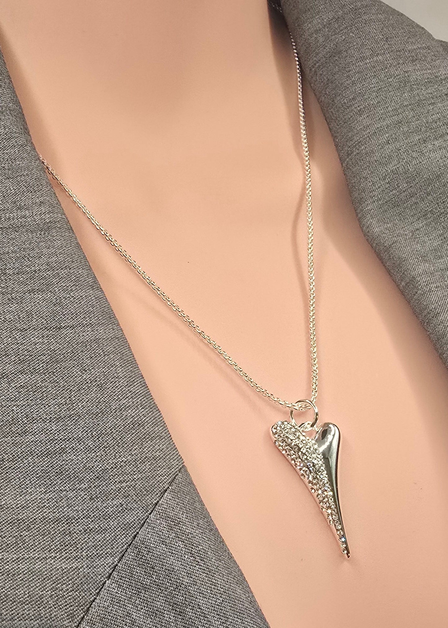 SILVER HALF DIAMANTE HEART NECKLACE*