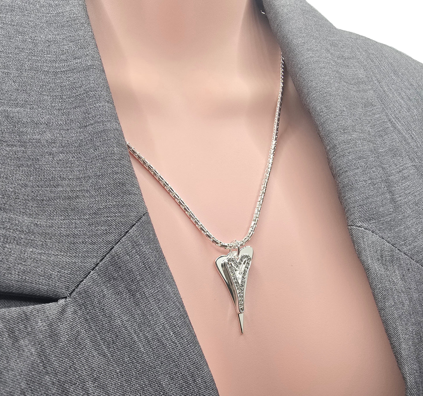 Necklace Silver chain with Solid &  Hollow Diamante Hearts*