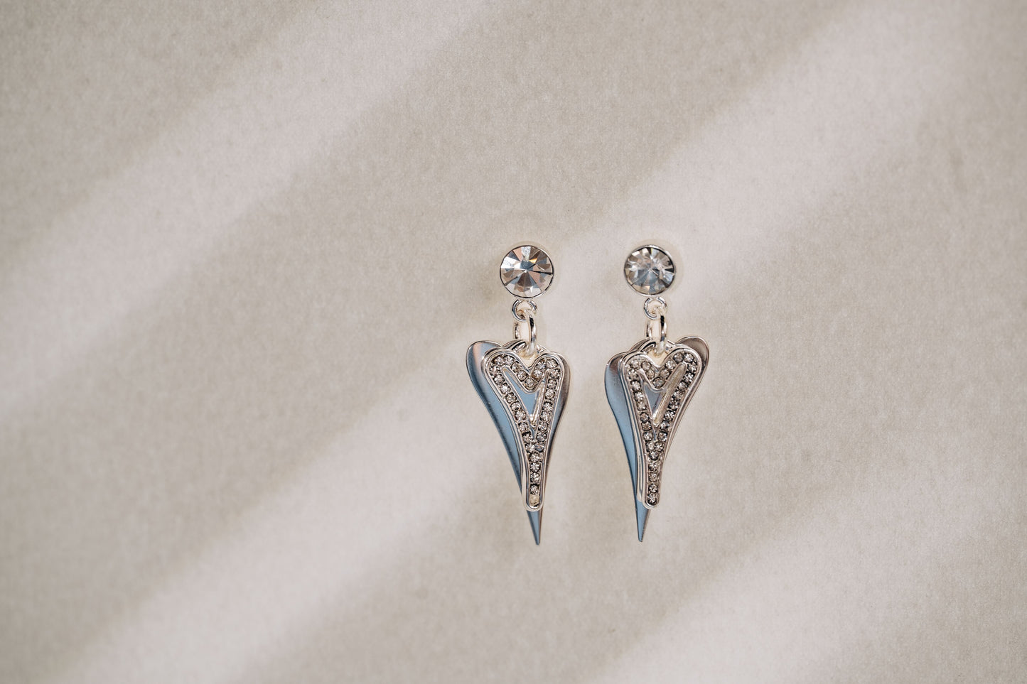 Silver Solid & Hollow Diamante Hearts Earrings*