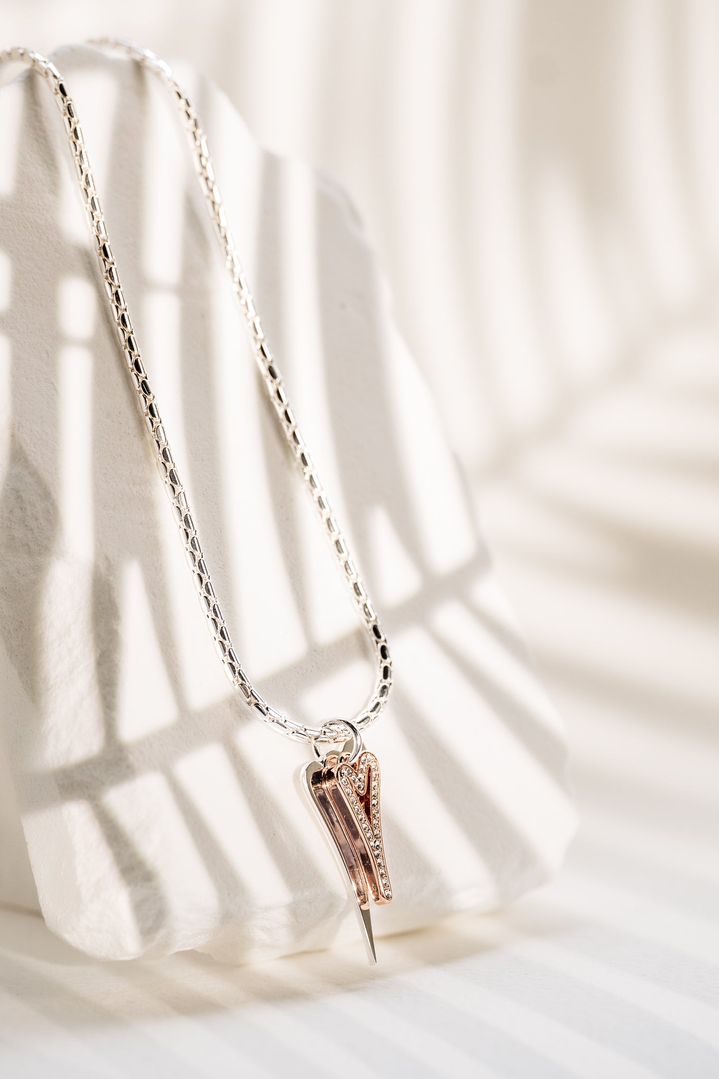 ROSE GOLD/SILVER  70CM LONG WITH SOLID/CZ HOLLOW HEARTS NECKLACE*