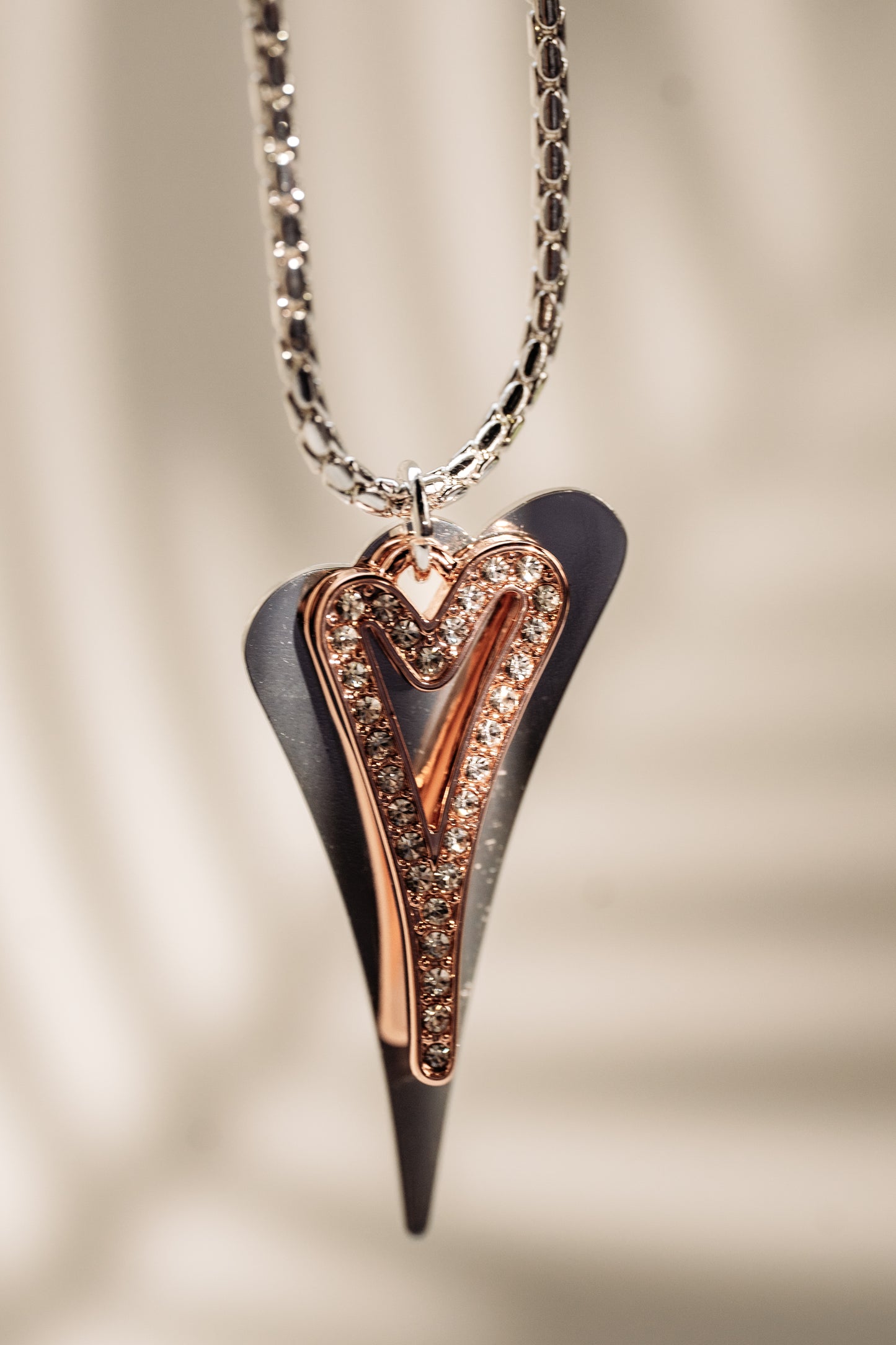 ROSE GOLD/SILVER  70CM LONG WITH SOLID/CZ HOLLOW HEARTS NECKLACE*