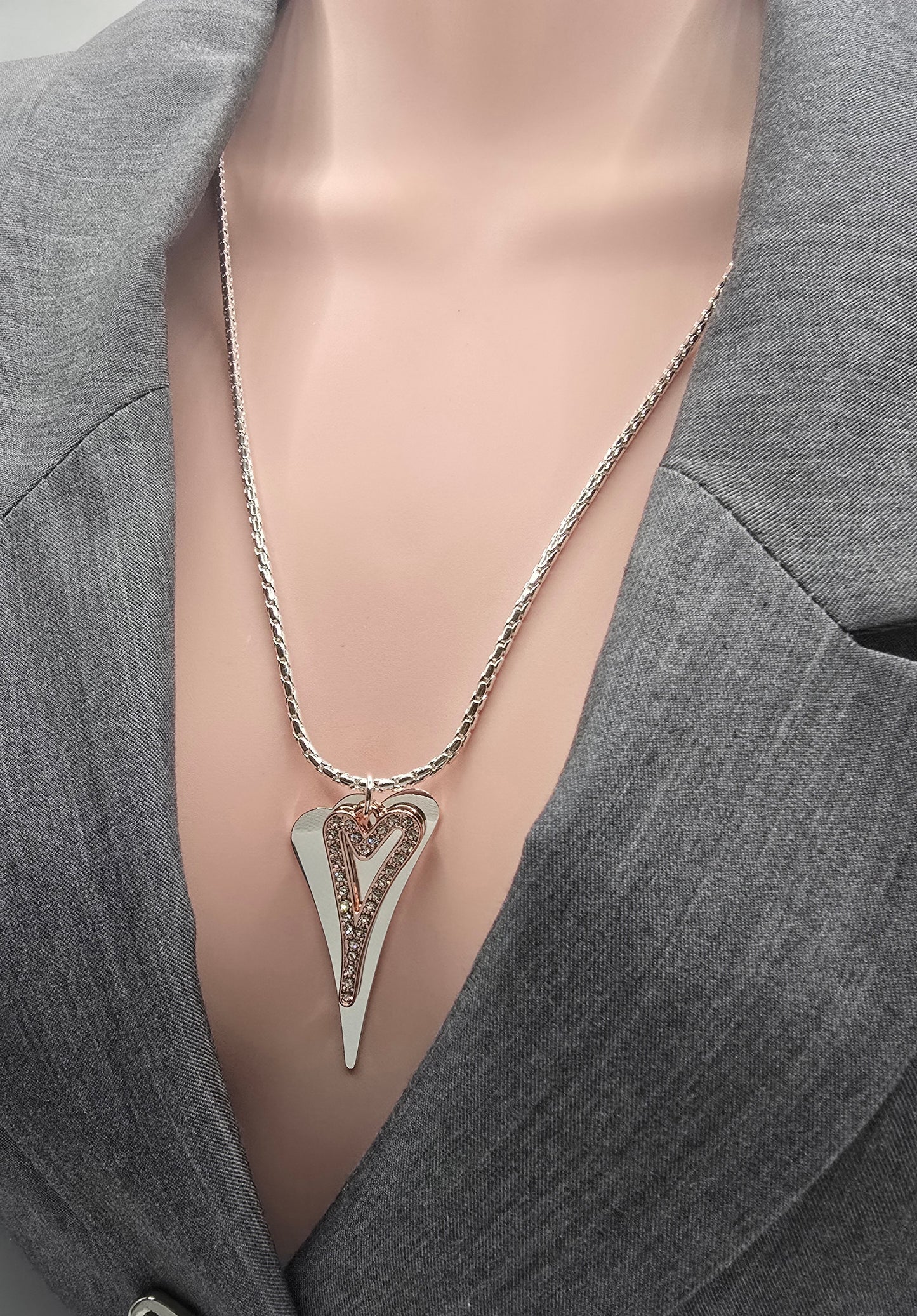 ROSE GOLD/SILVER  70CM LONG WITH SOLID/CZ HOLLOW HEARTS NECKLACE*