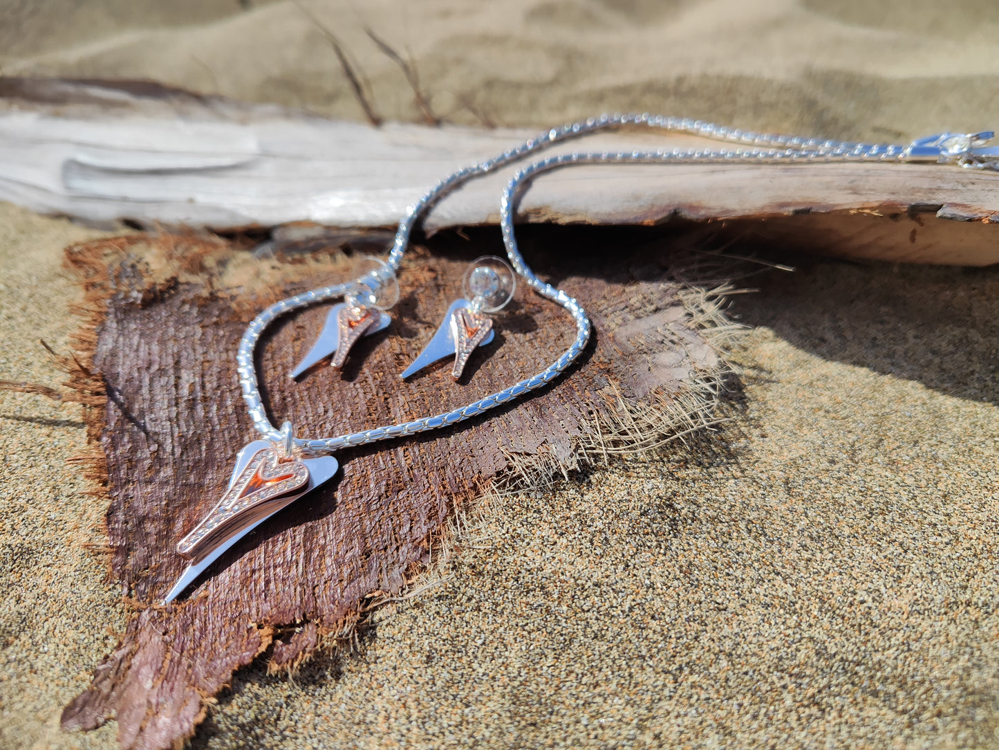 ROSE GOLD/SILVER  70CM LONG WITH SOLID/CZ HOLLOW HEARTS NECKLACE*
