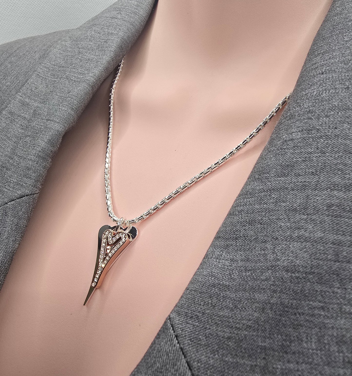 Silver/Rose gold Solid & Hollow Diamante Hearts Necklace*