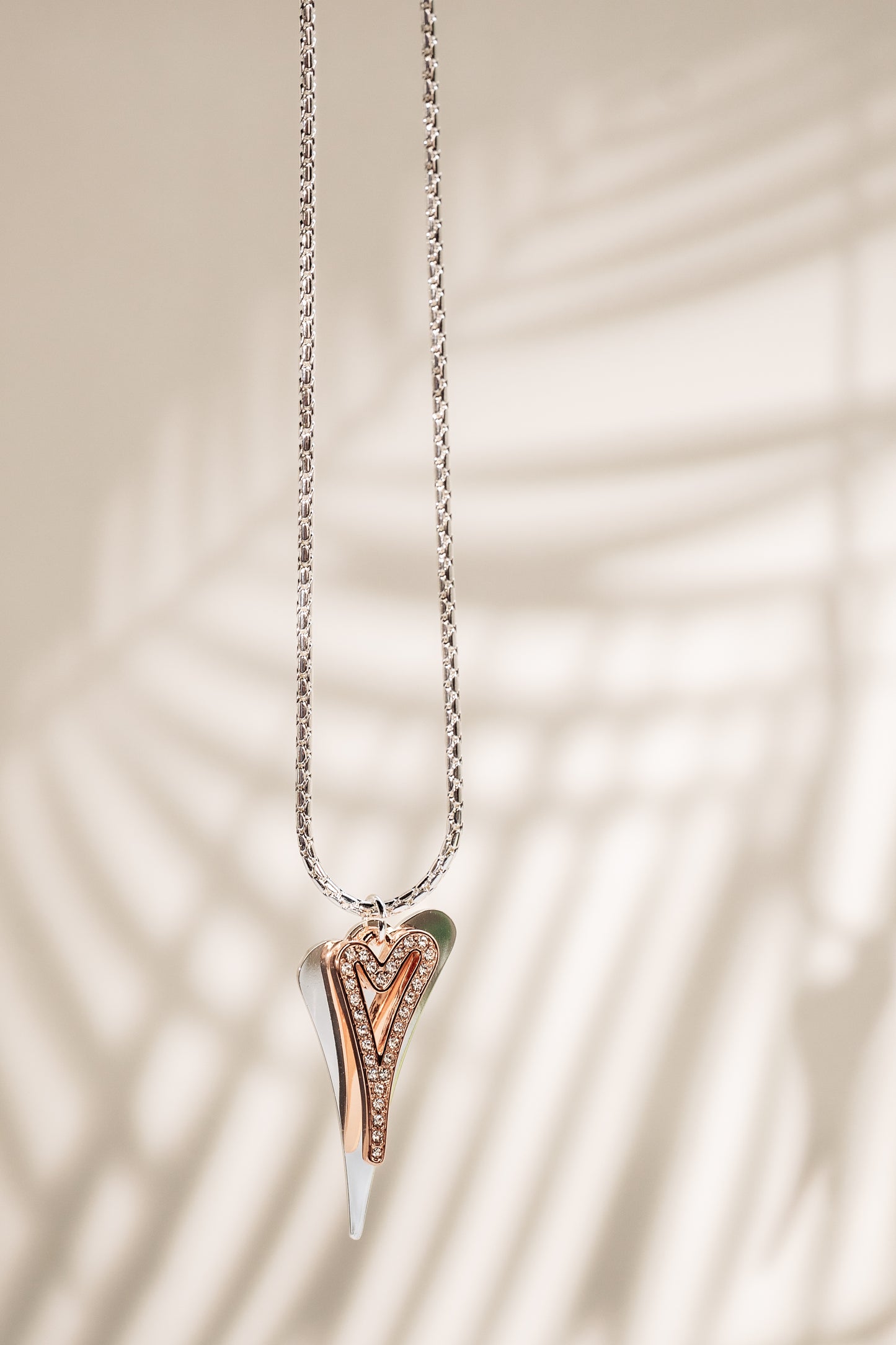 Silver/Rose gold Solid & Hollow Diamante Hearts Necklace*