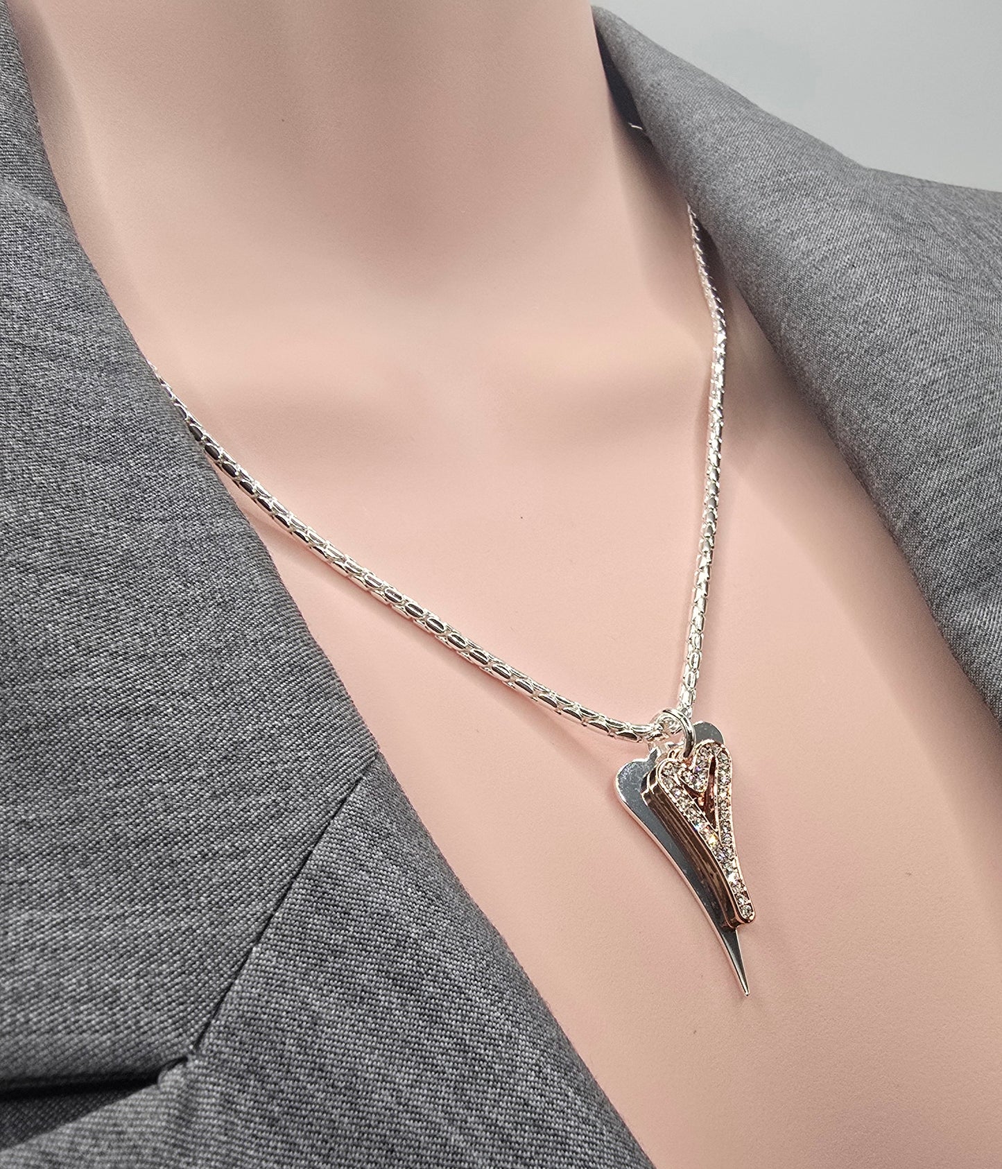 Silver/Rose gold Solid & Hollow Diamante Hearts Necklace*