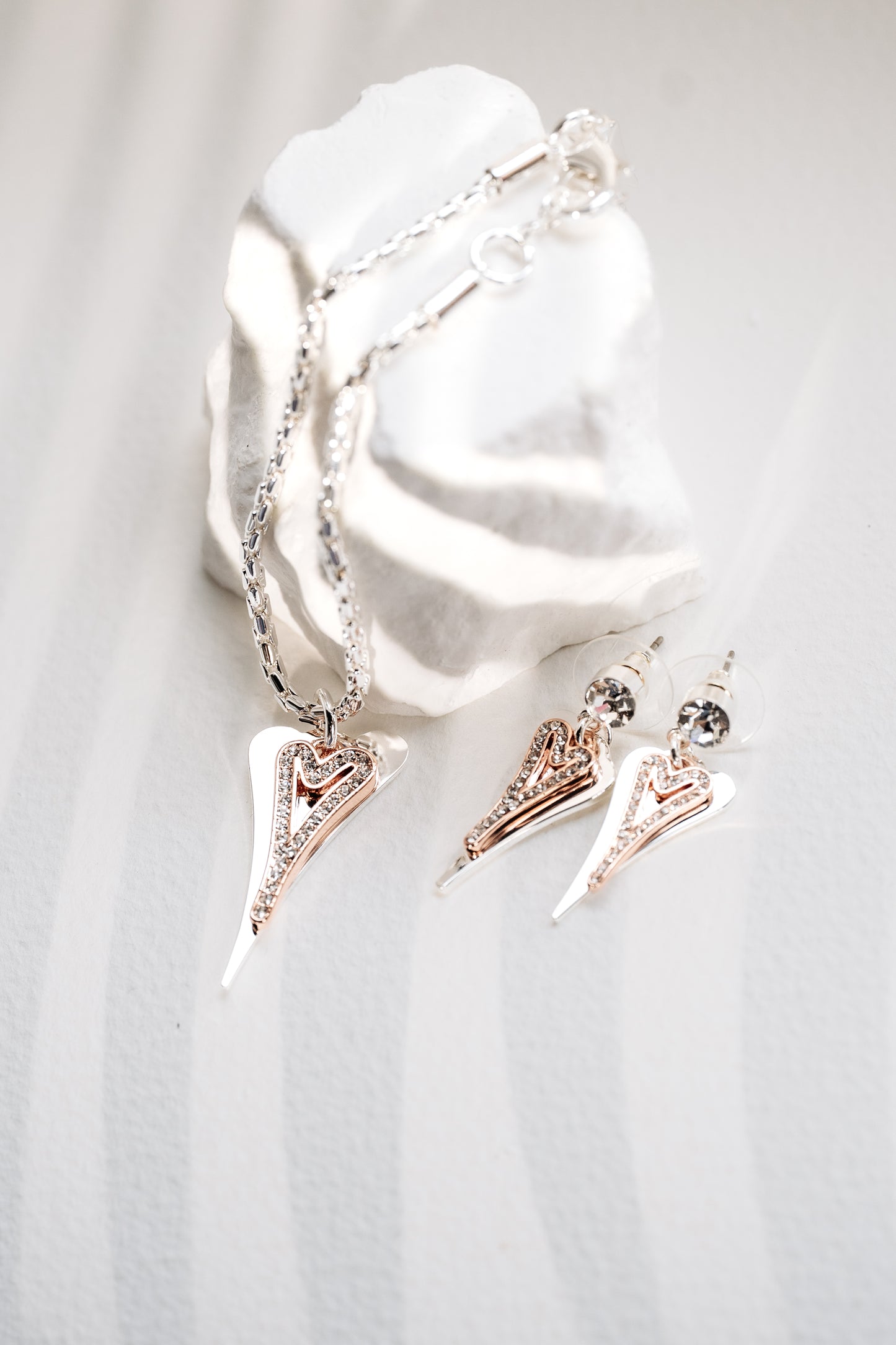 Silver/Rose Gold Solid & Hollow Diamante Hearts Earrings*