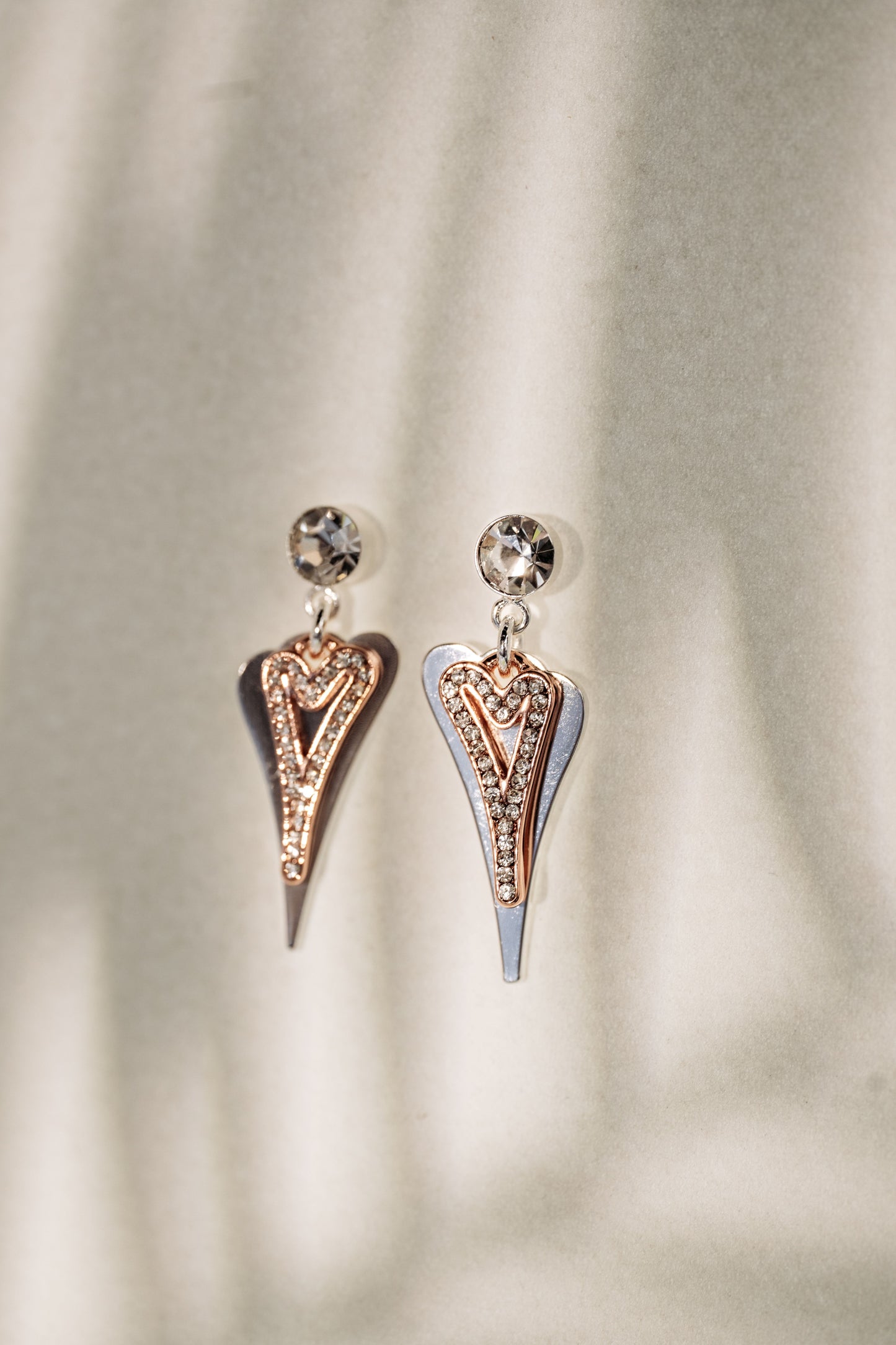 Silver/Rose Gold Solid & Hollow Diamante Hearts Earrings*