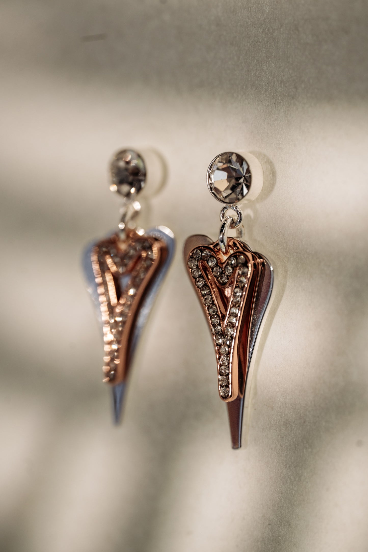 Silver/Rose Gold Solid & Hollow Diamante Hearts Earrings*