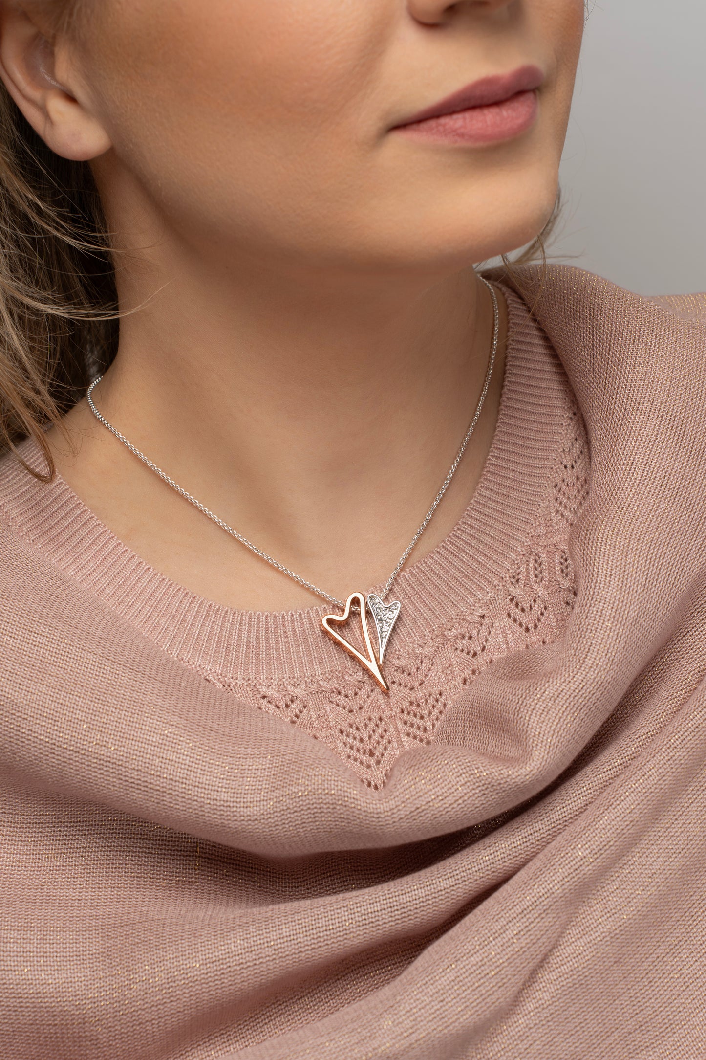 Necklace 2 tone with Hollow and Diamante hearts pendant *